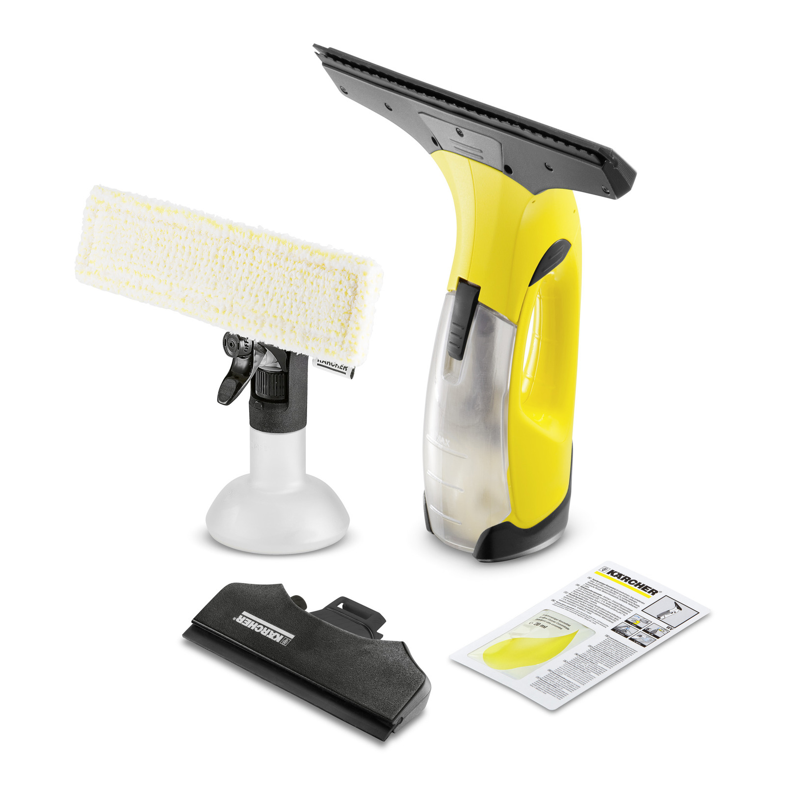 Aspirator de geam Kärcher galben, accesoriu de curățare, rezervor spray și manual de instrucțiuni pe fundal alb.