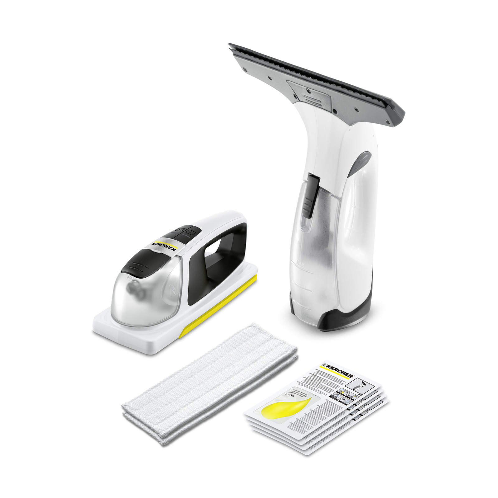 Aspirator de geam Kärcher, fier de călcat Kärcher, cârpe și manuale de utilizare pe fundal alb.