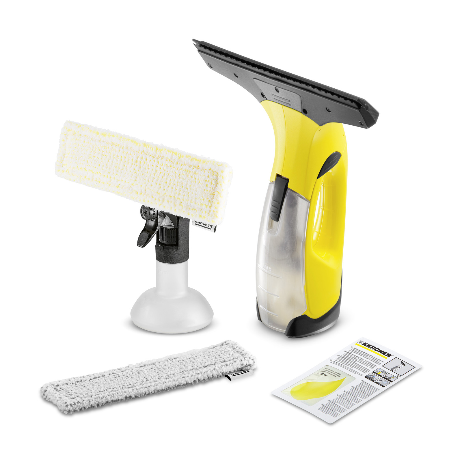 Kärcher window vac set with yellow vacuum, spray bottle with cloth, spare cloth, and instruction manual on white background. Kärcher window vac set with yellow vacuum, spray bottle with cloth, spare cloth, and instruction manual on white background.
