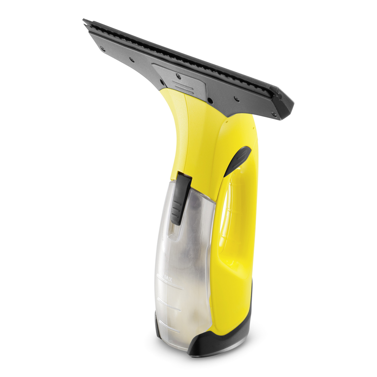 Yellow Kärcher window vac with a black rubber blade and transparent water tank, standing upright on a white background.