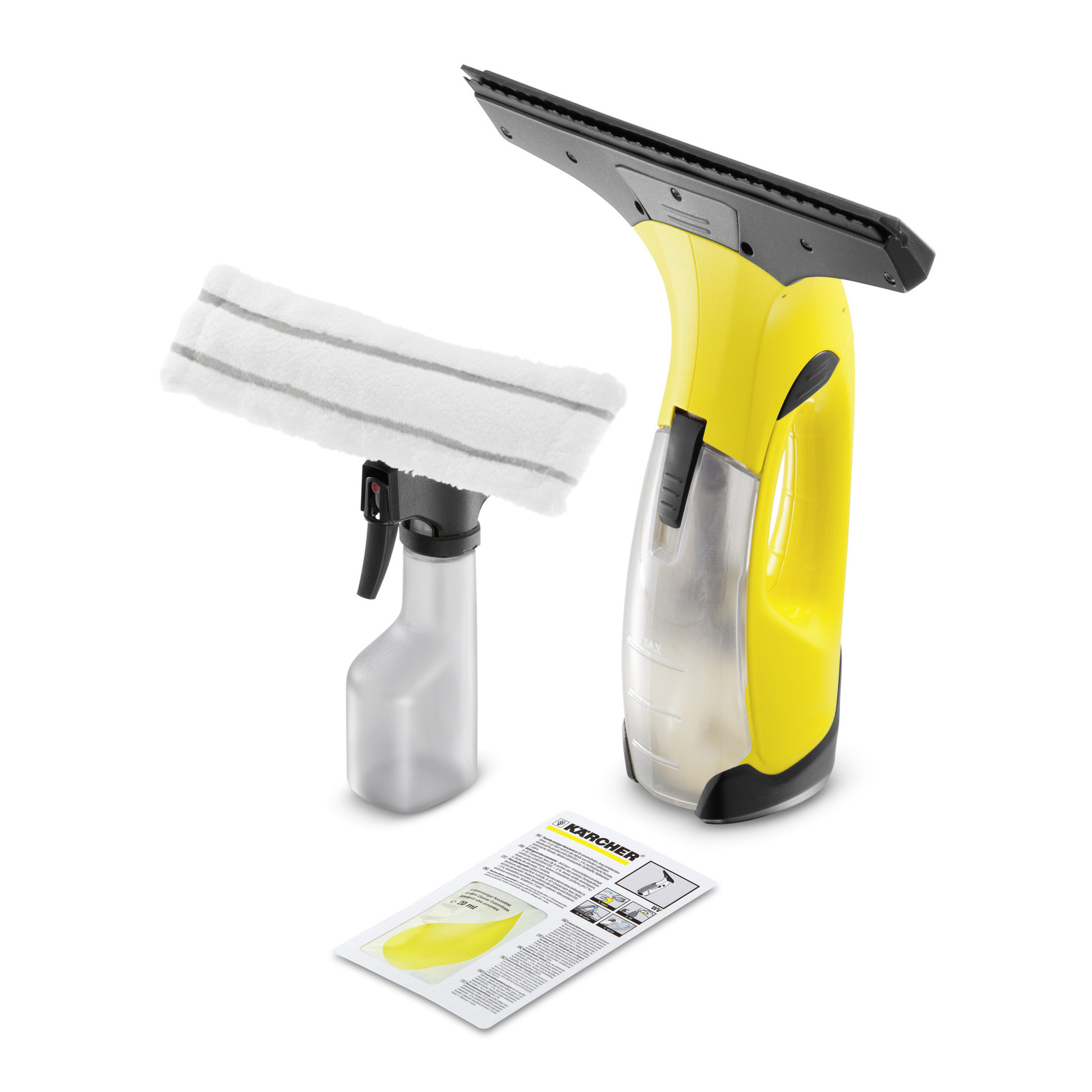 Kärcher window vac set with yellow device, spray bottle with cloth attachment, and instruction manual on white background. Kärcher window vac set with yellow device, spray bottle with cloth attachment, and instruction manual on white background.
