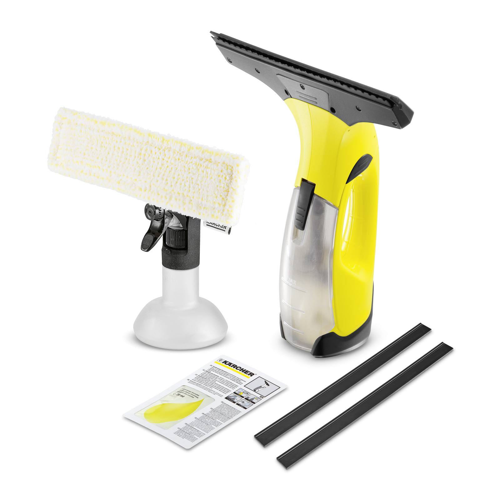 Kärcher window vac set with yellow cleaner, spray bottle with cloth, two black blades, and instruction manual on white background.