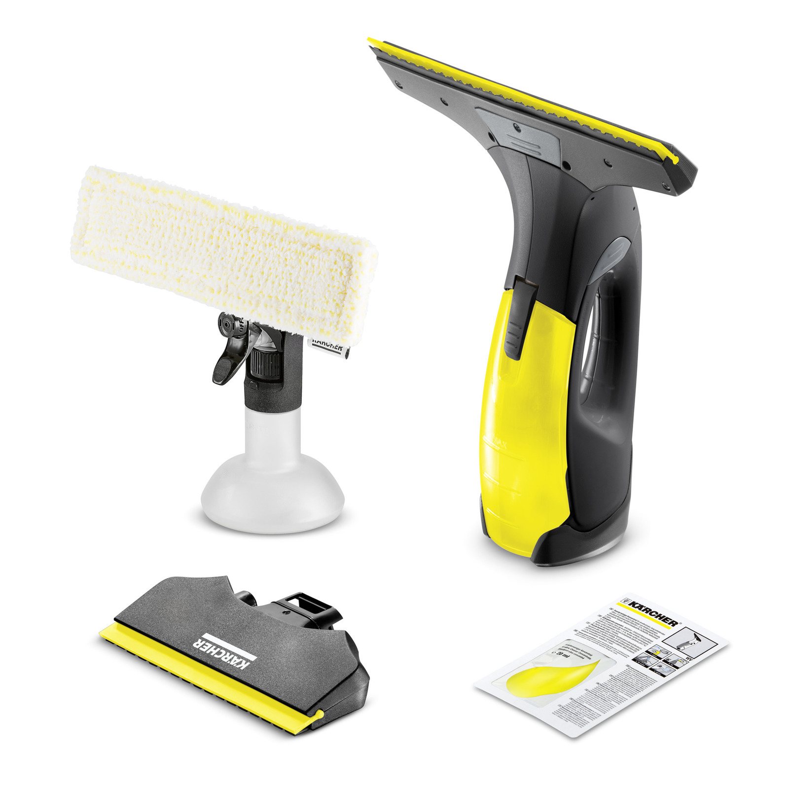 Aspirator de geam Kärcher, accesoriu de curățare cu lavetă, racletă și manual de utilizare pe fundal alb. Aspirator de geam Kärcher, accesoriu de curățare cu lavetă, racletă și manual de utilizare pe fundal alb.