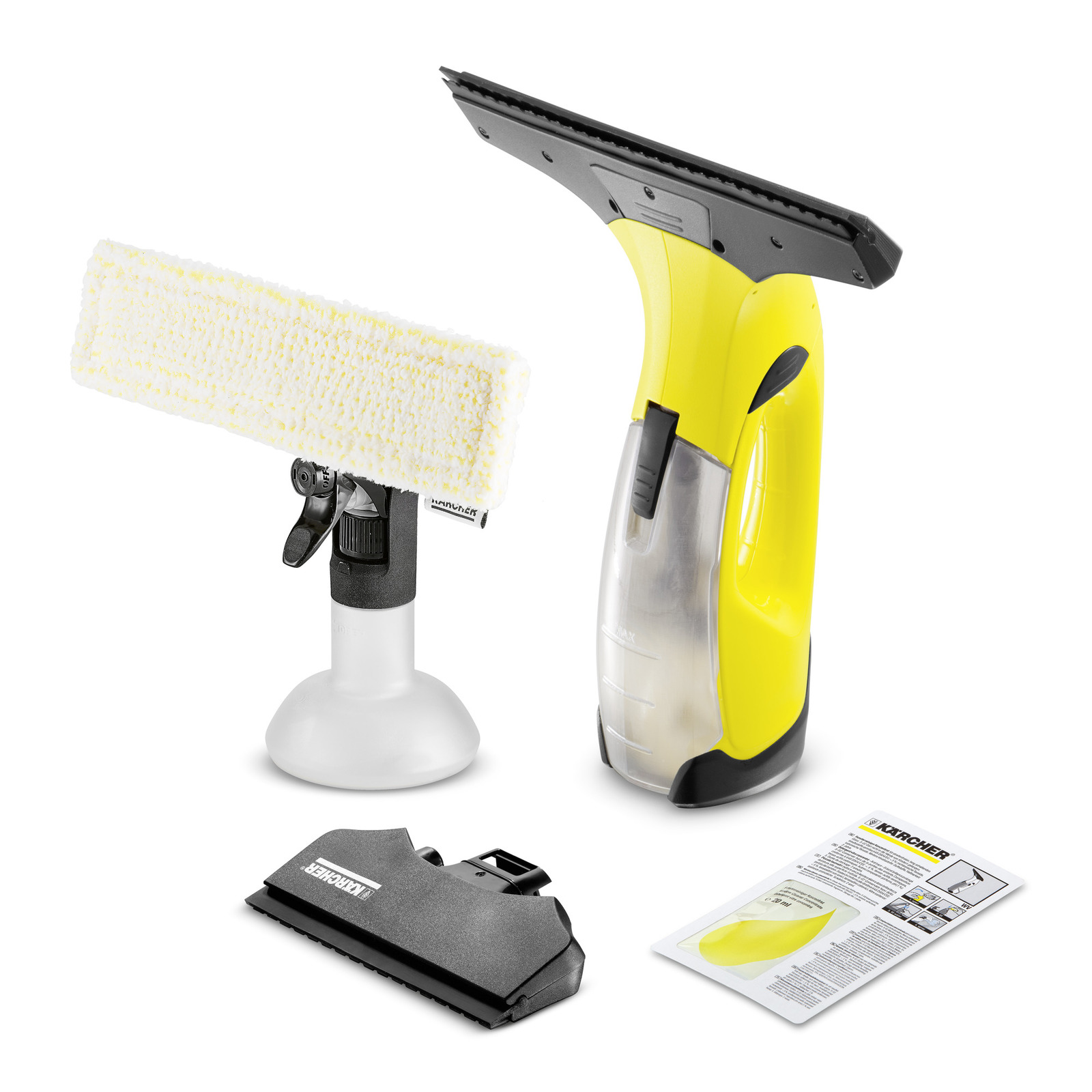 Kärcher window vac set with spray bottle, microfiber pad, suction nozzle, and instruction manual on white background. Kärcher window vac set with spray bottle, microfiber pad, suction nozzle, and instruction manual on white background.