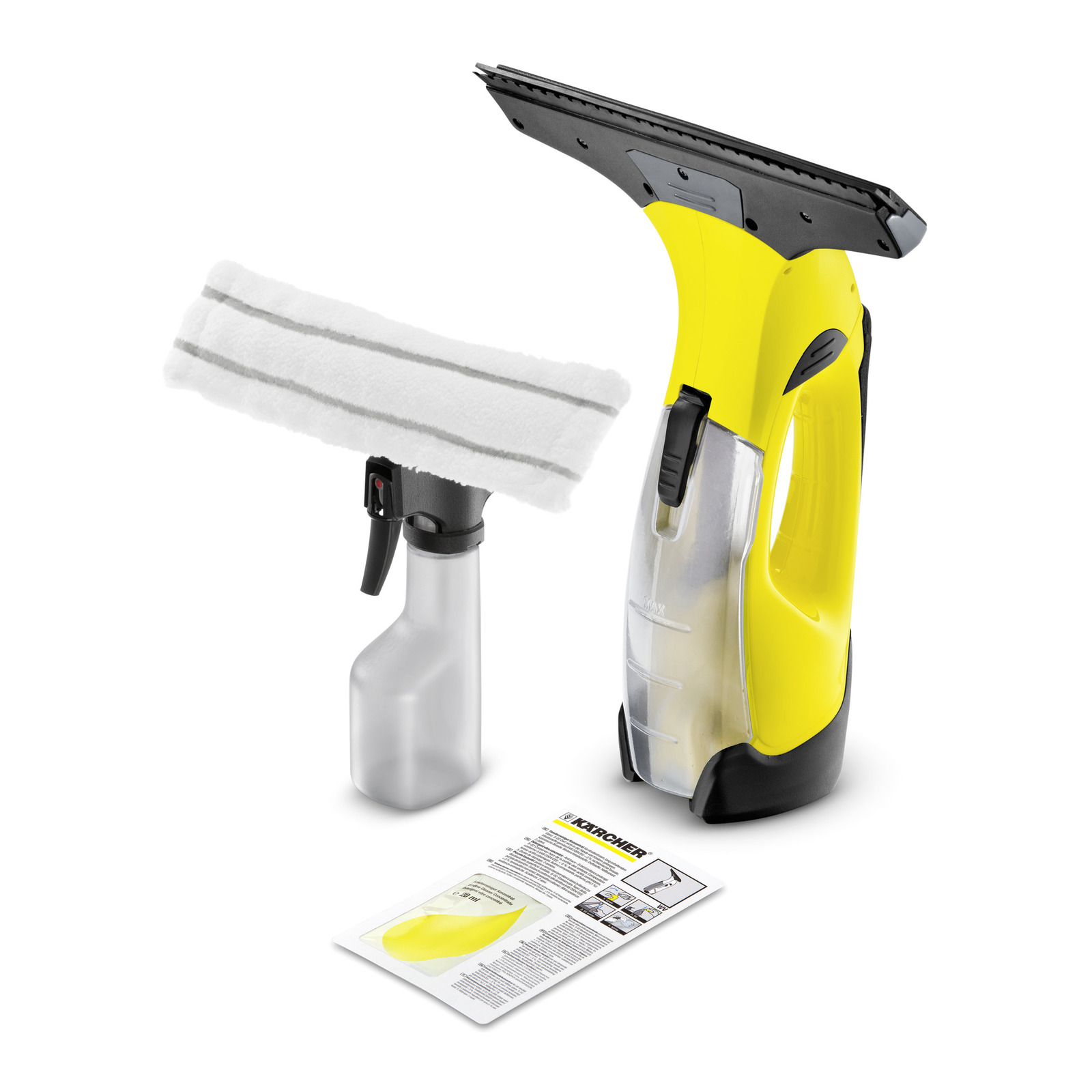 Aspirator de geamuri Kärcher, sticlă cu pulverizator și manual de instrucțiuni pe fundal alb.