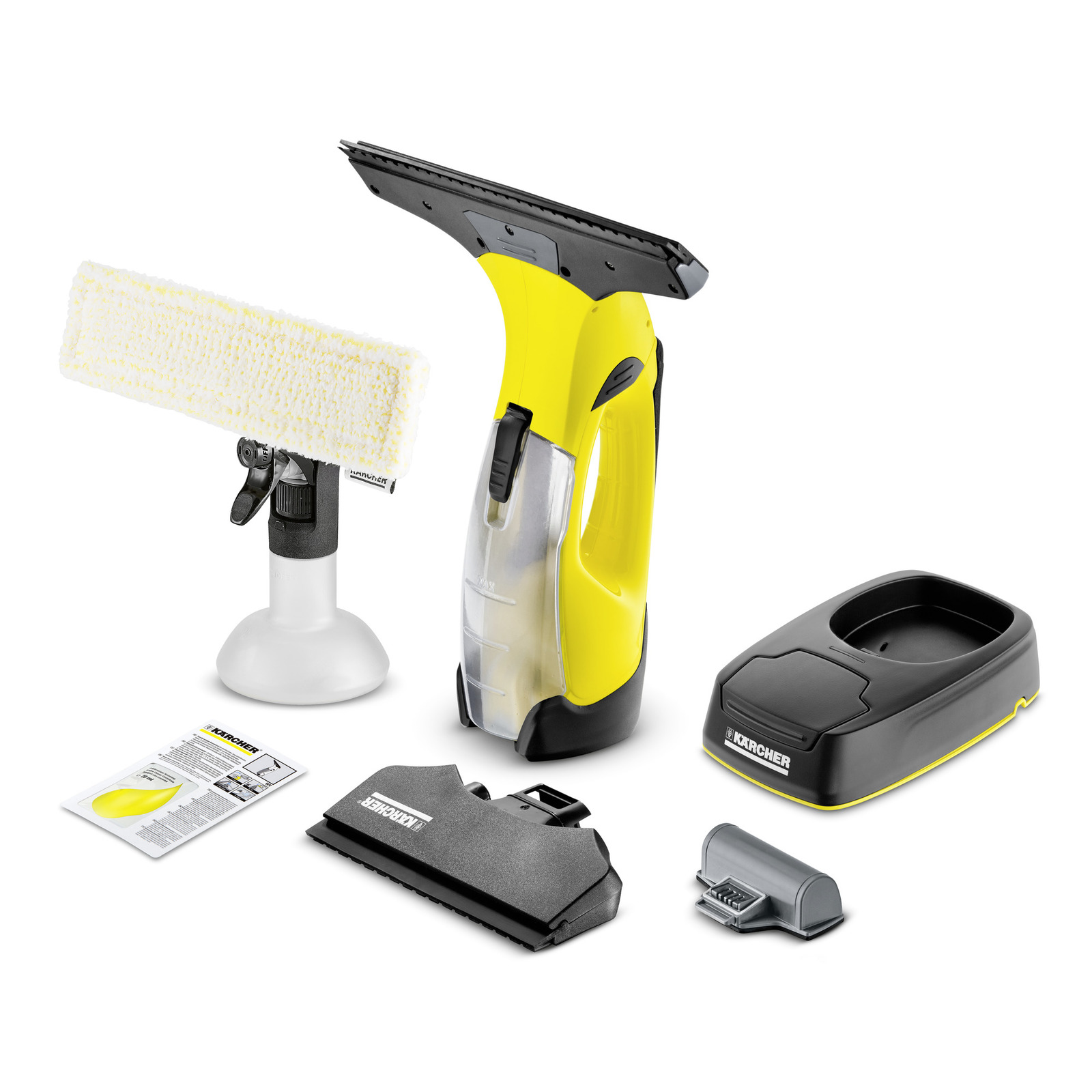 Aspirator de geamuri Kärcher, galben, cu accesorii: suport, încărcător, duză și manual de instrucțiuni.