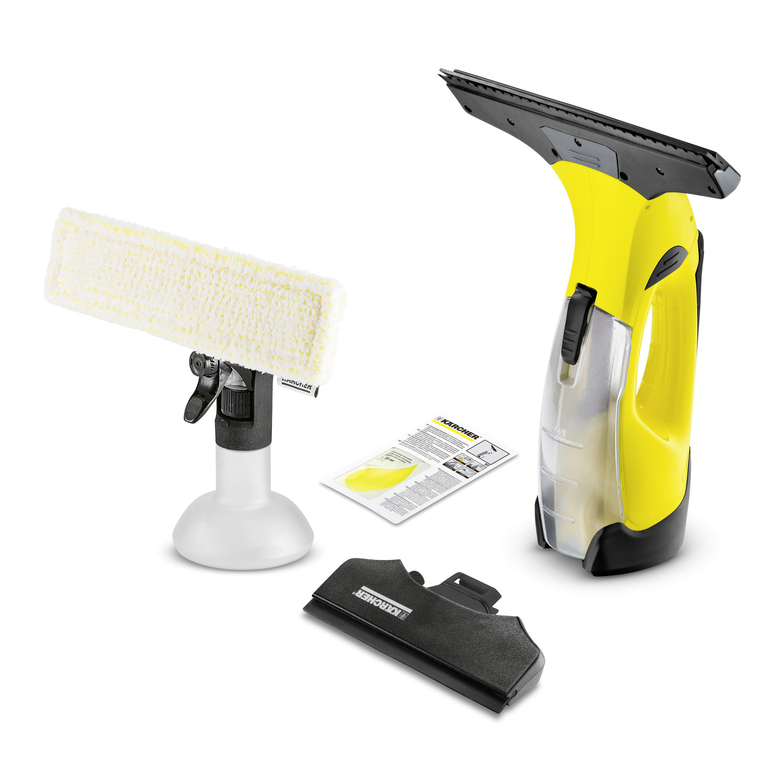 Aspirator de geam Kärcher galben, pulverizator cu lavetă albă, accesoriu negru și manual de instrucțiuni.