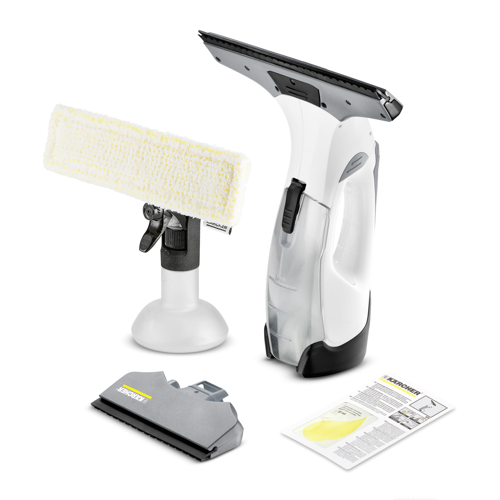 Kärcher window vac set with spray bottle, microfibre cloth, vacuum, additional nozzle, and instruction manual on white background. Kärcher window vac set with spray bottle, microfibre cloth, vacuum, additional nozzle, and instruction manual on white background.
