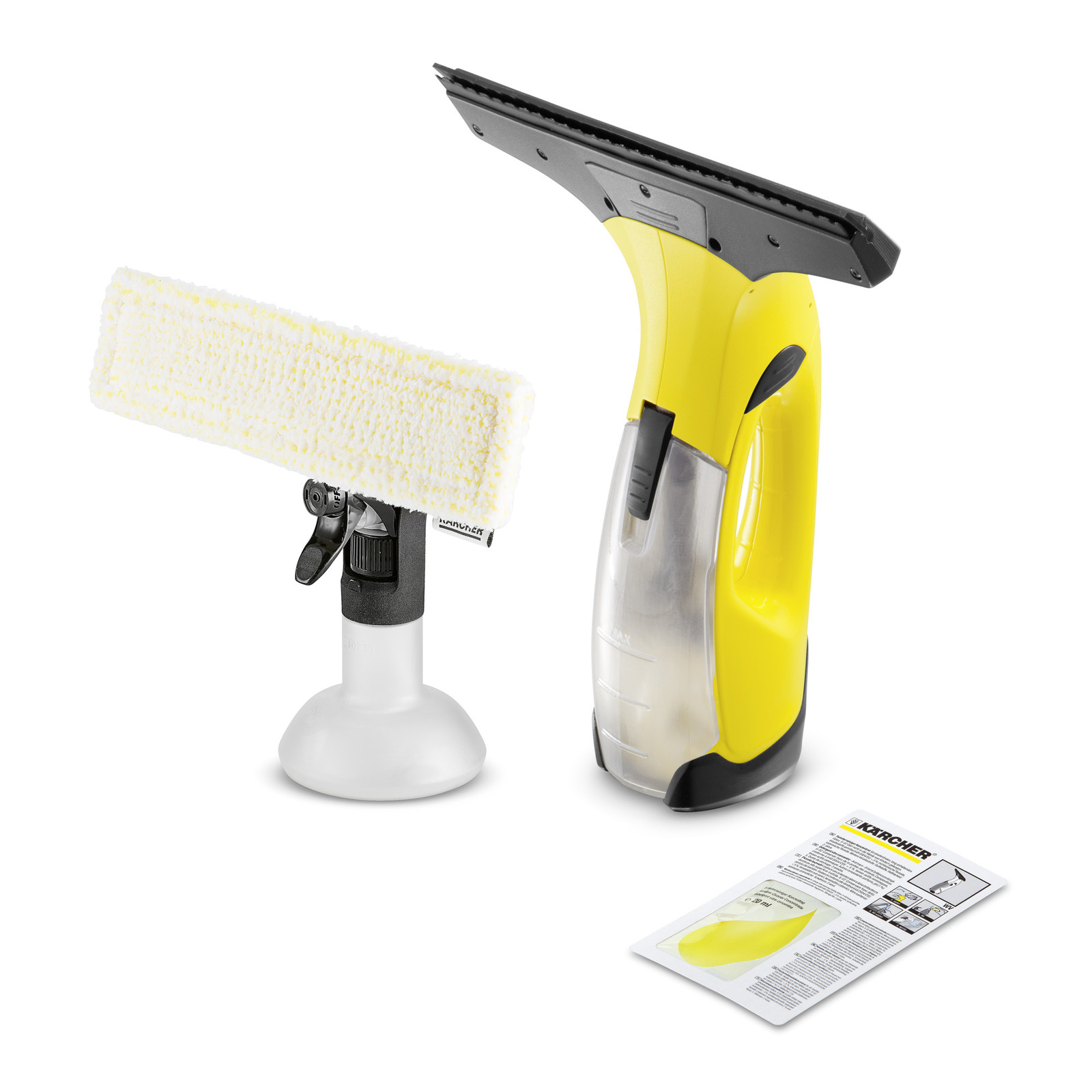 Kärcher window vac set with yellow handheld device, spray bottle with cloth attachment, and instruction leaflet on white background. Kärcher window vac set with yellow handheld device, spray bottle with cloth attachment, and instruction leaflet on white background.