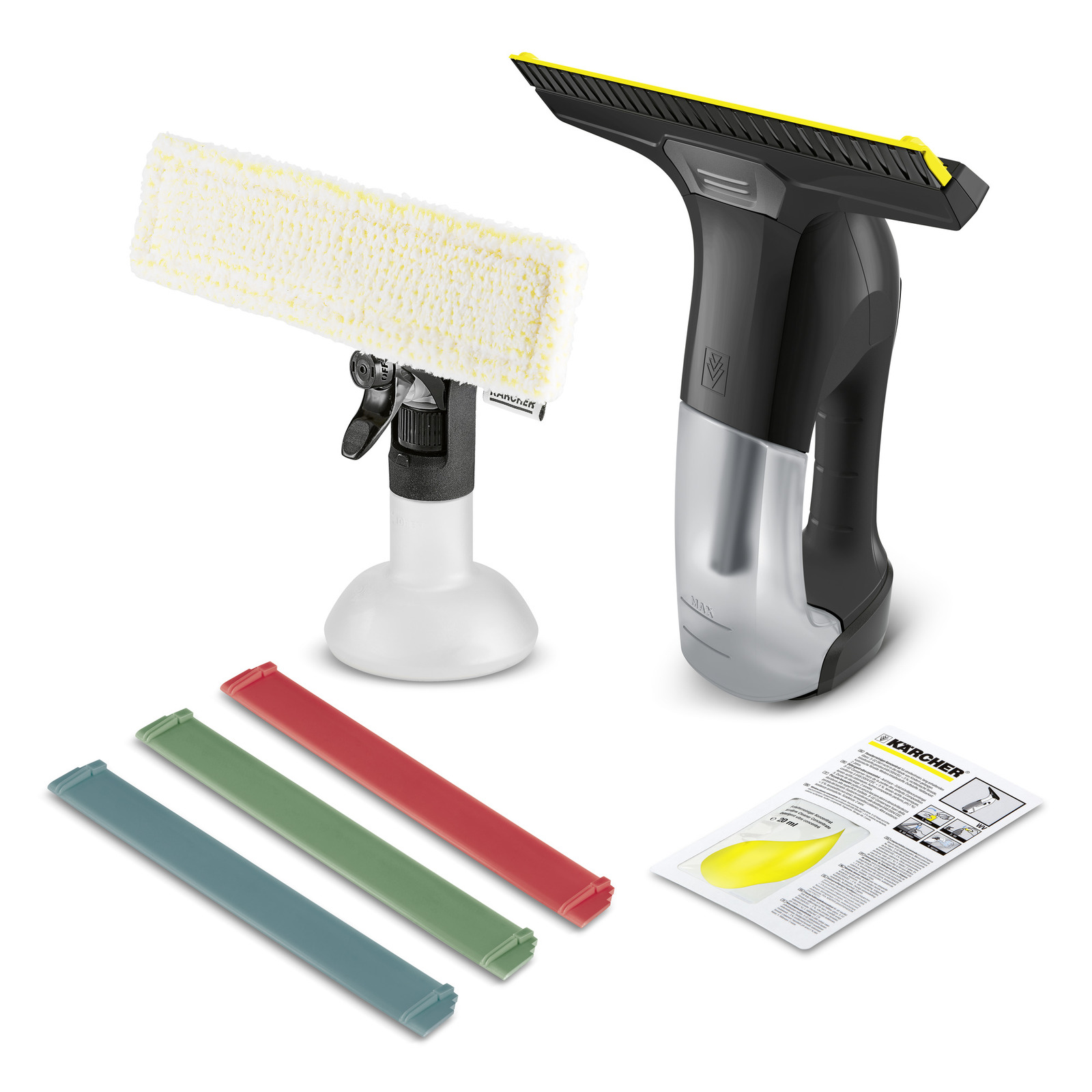 Aspirator de geam Kärcher, pulverizator cu lavetă albă, trei lame colorate și manual de instrucțiuni.