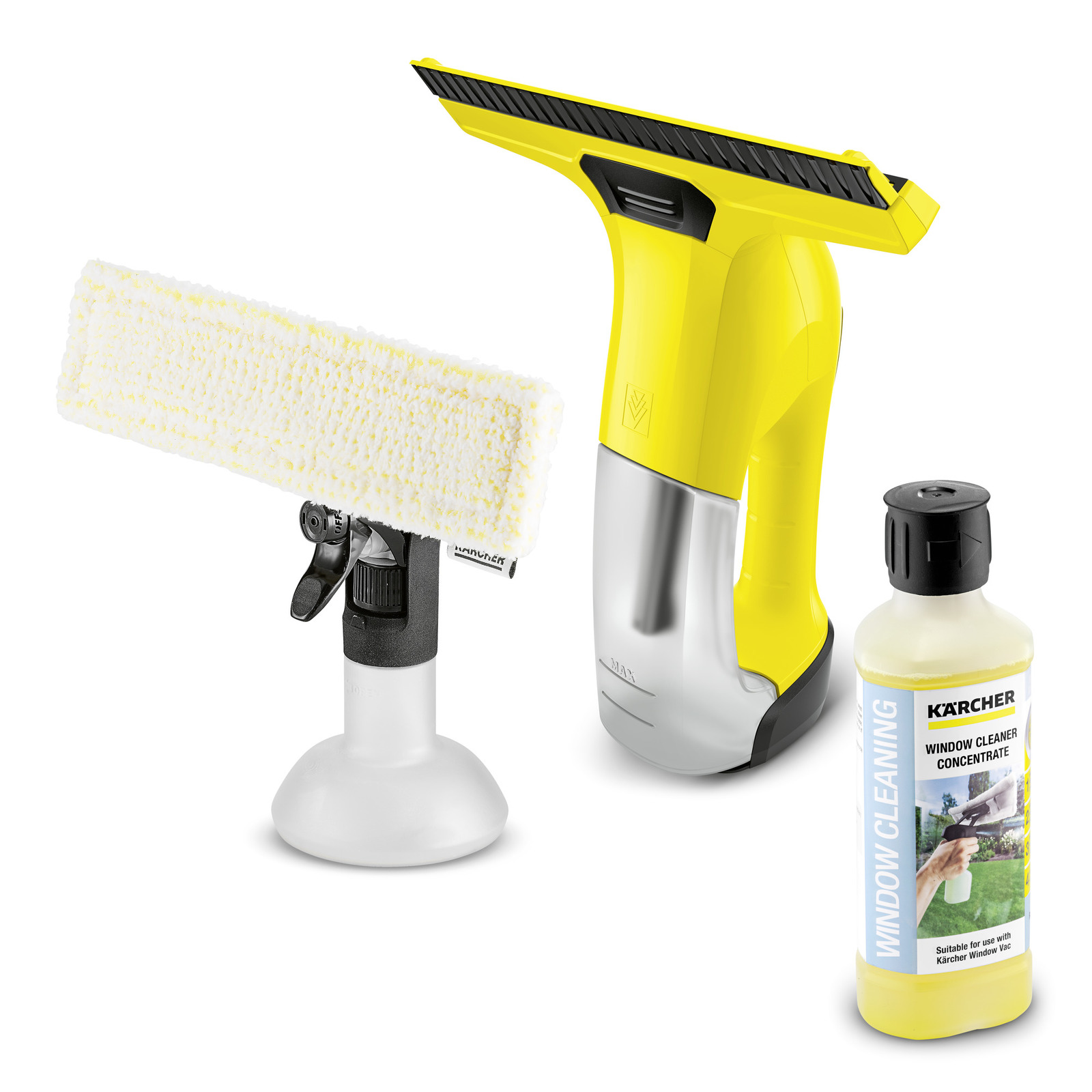 Aspirator de geam Kärcher, pulverizator cu lavetă și concentrat de curățare pentru geamuri.
