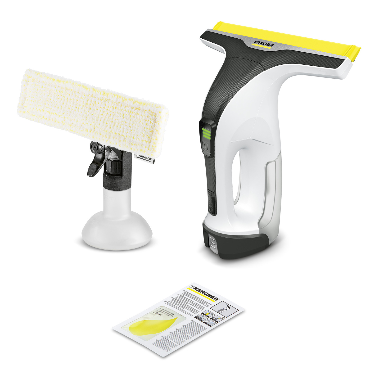 Aspirator de geam Kärcher, pulverizator cu laveta și manual de utilizare pe fundal alb.