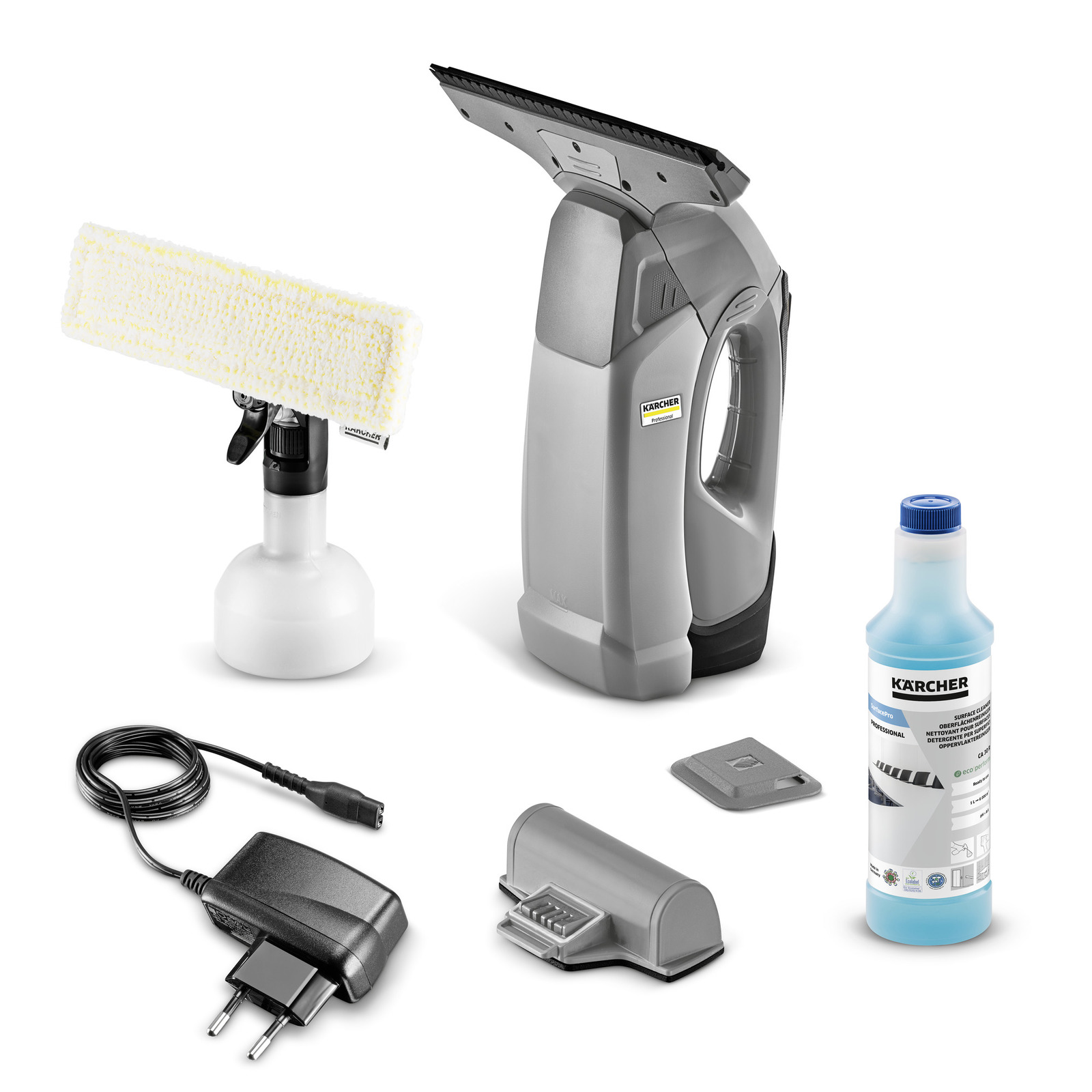 Aspirator de geam Kärcher, pulverizator cu lavetă, detergent, încărcător, rezervă și capac de protecție.