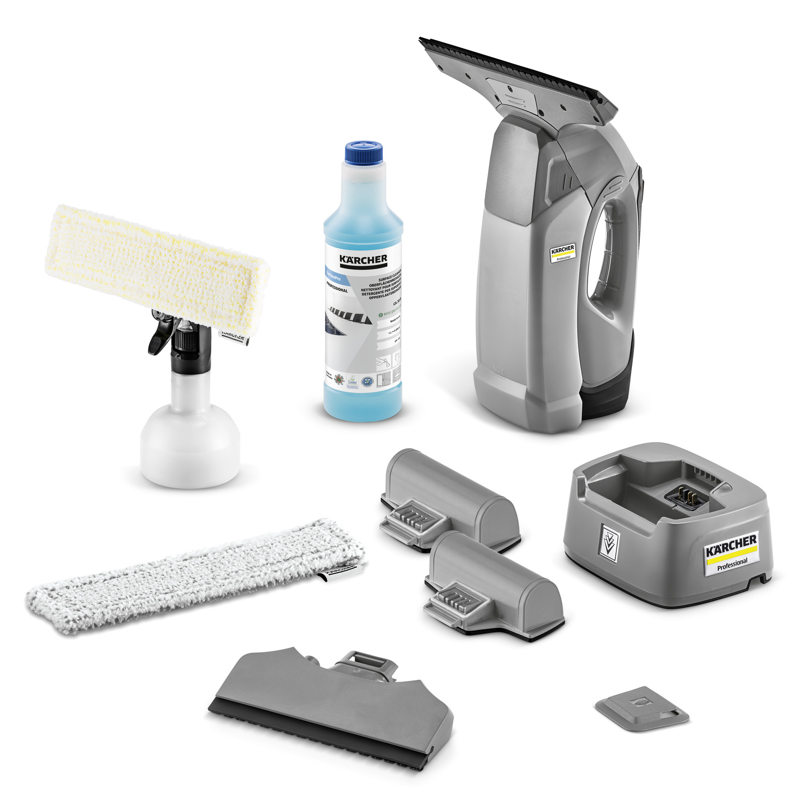 Kärcher window vac set with spray bottle, detergent, charging station, microfiber cloth, and additional accessories.
