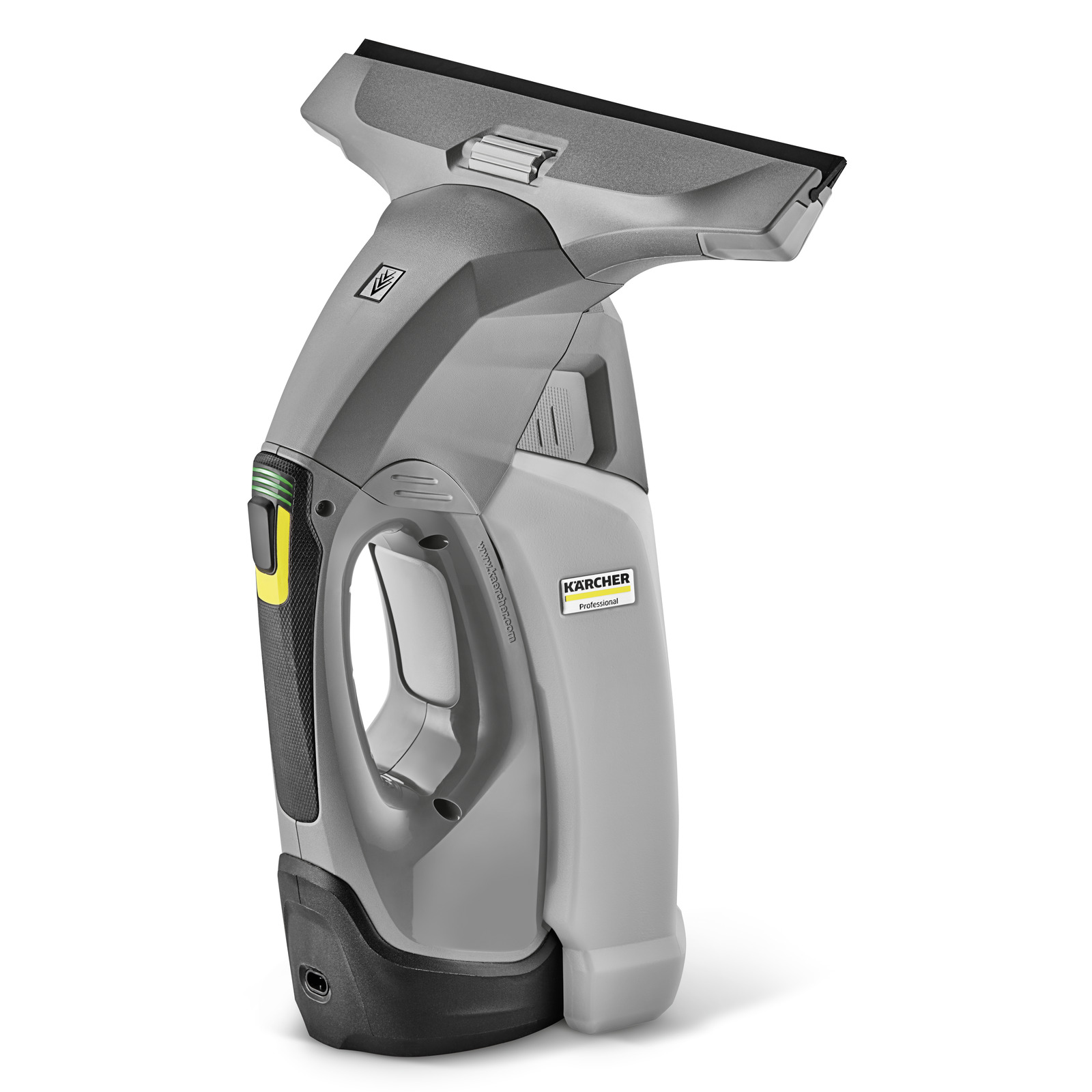 Kärcher window vac in grey and black with a yellow button, featuring a sleek ergonomic design. Kärcher window vac in grey and black with a yellow button, featuring a sleek ergonomic design.