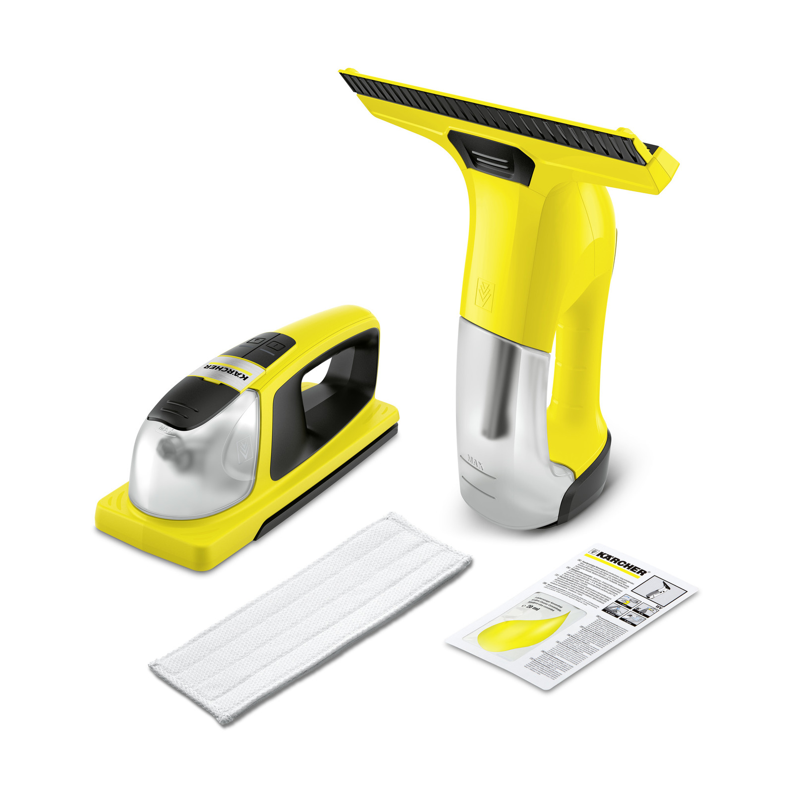 Aspirator de geam Kärcher, laveta albă și manual de utilizare pe fundal alb.