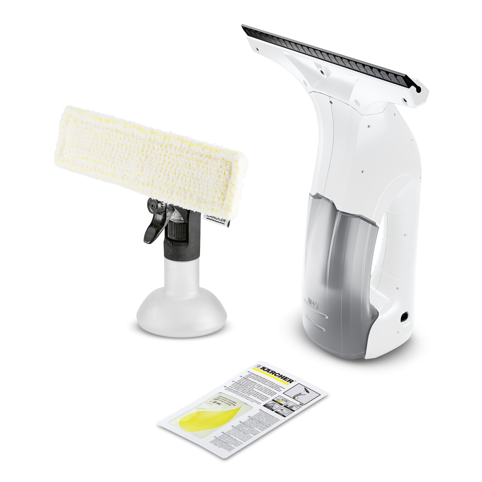 Kärcher window vac set with spray bottle, microfibre cloth attachment, and instruction leaflet on white background.