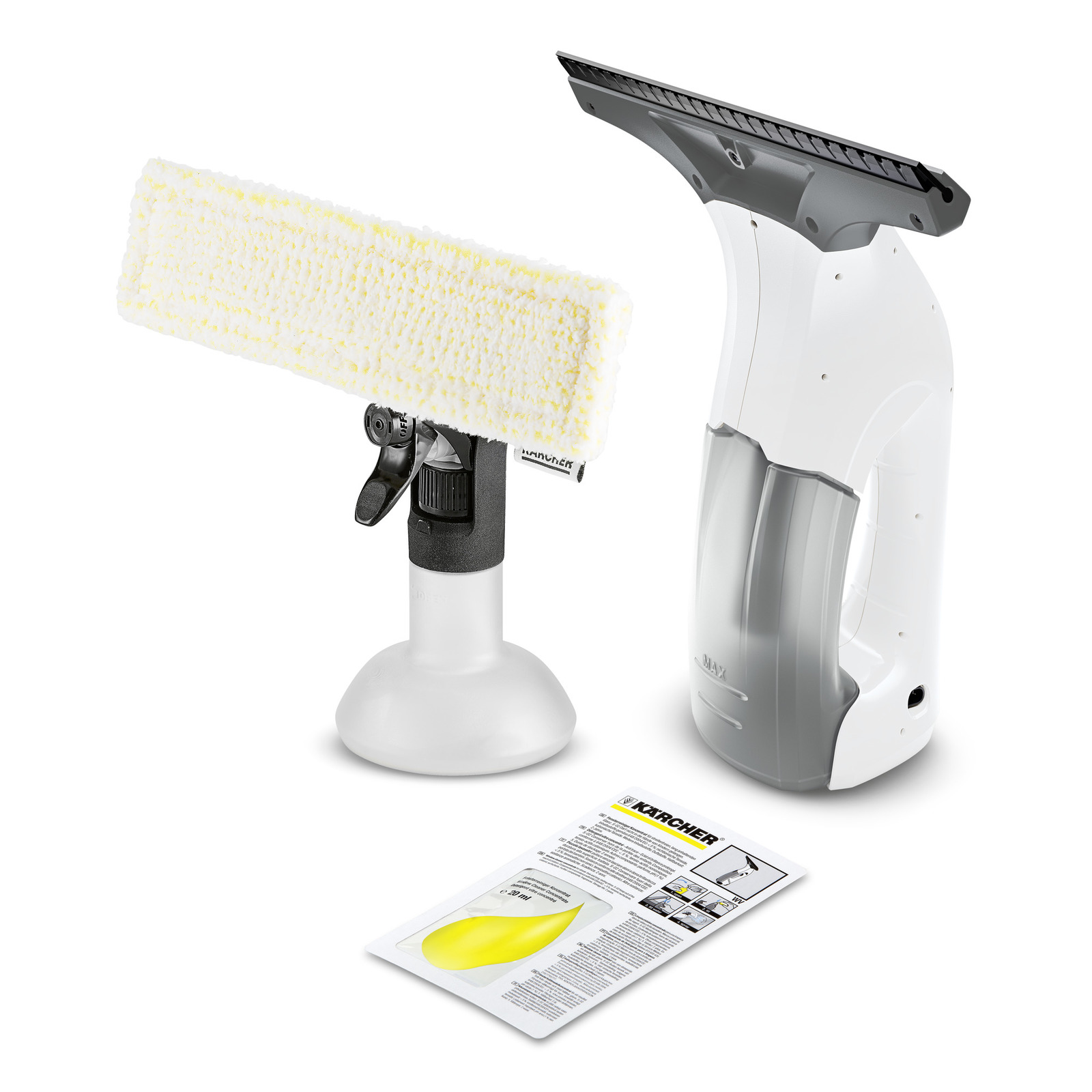 Kärcher window vac set with spray bottle, microfibre cloth, and cleaning solution sachet on white background.