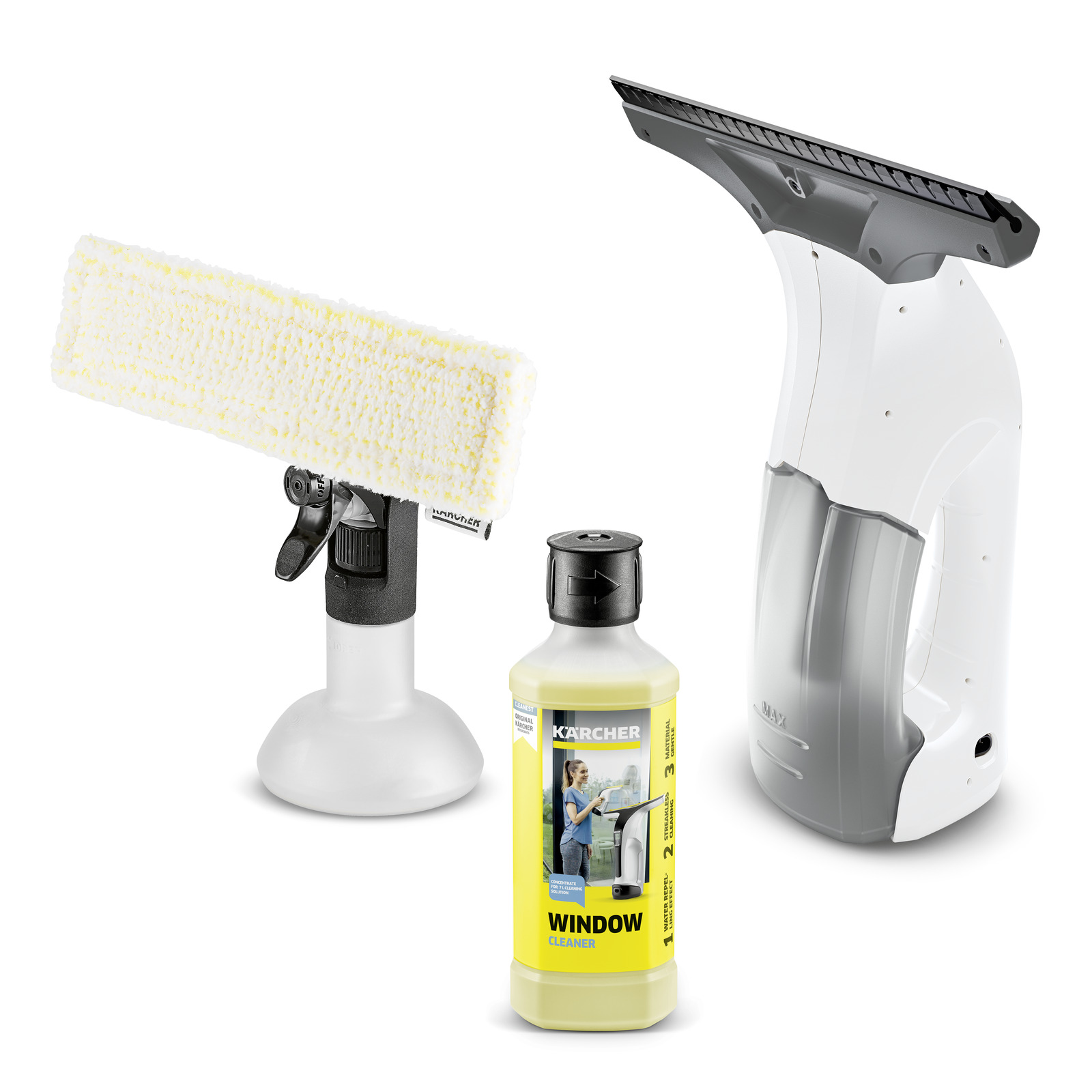Kärcher window vac set with spray bottle, microfibre pad, and window cleaner solution bottle.