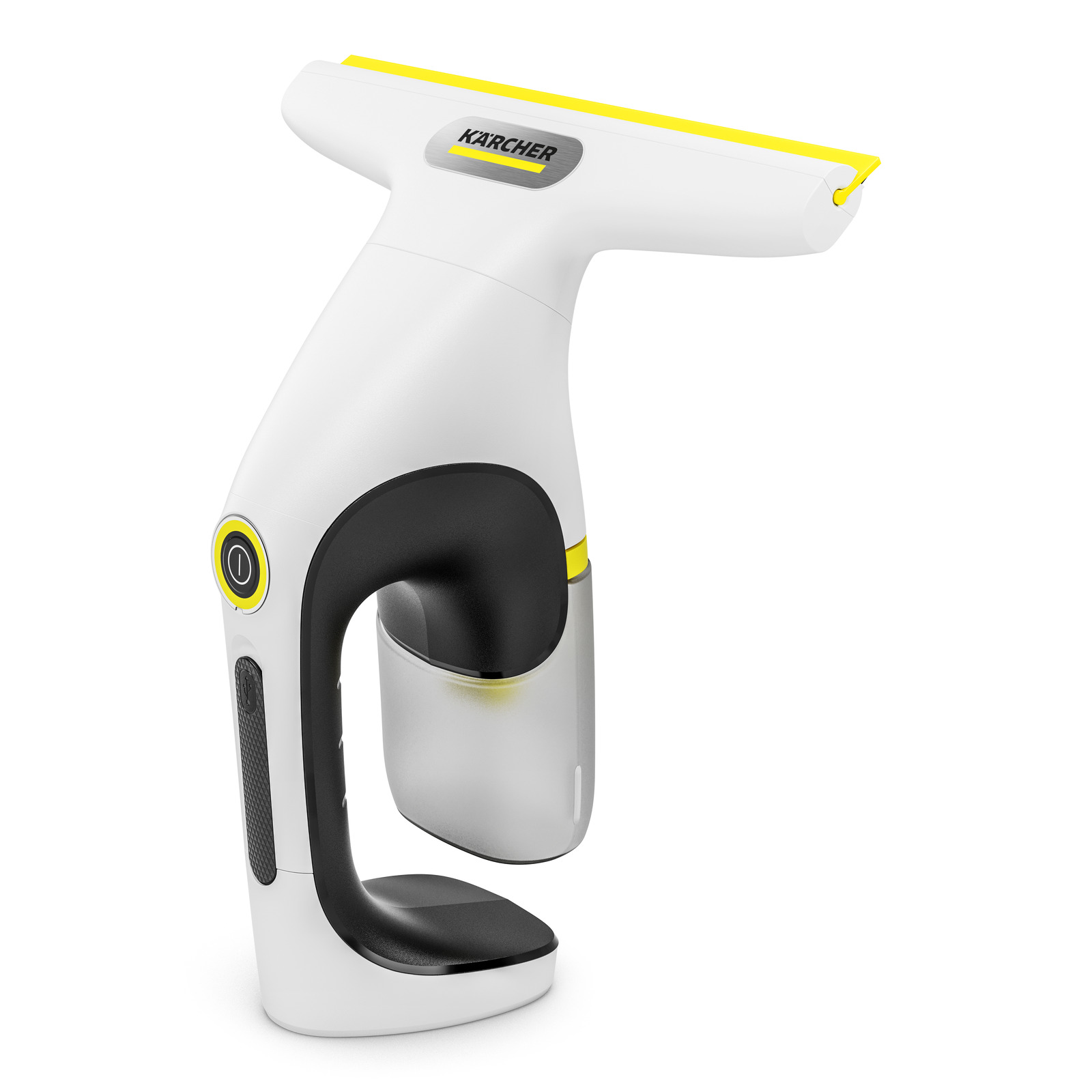Kärcher window vac with white and black design, featuring a yellow squeegee edge and an on/off button on the handle. Kärcher window vac with white and black design, featuring a yellow squeegee edge and an on/off button on the handle.