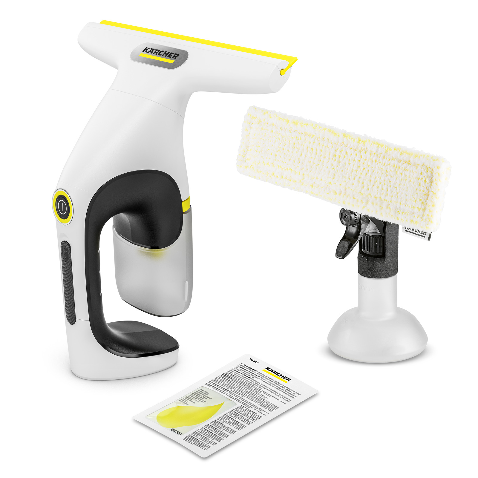 Kärcher window vac with a spray bottle and cleaning cloth attachment, accompanied by an instruction manual.