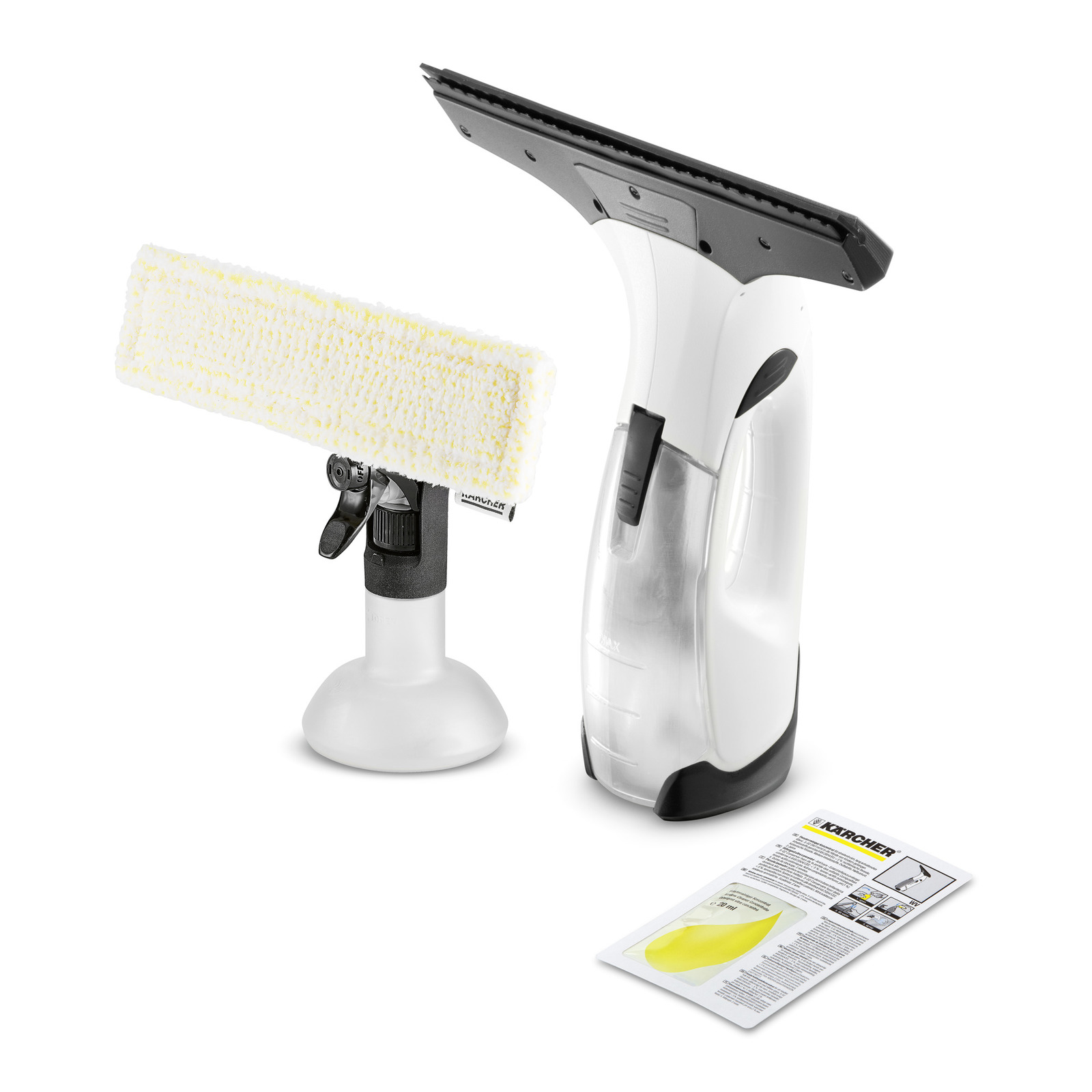 Kärcher raamzuiger met sprayfles en microvezeldoek, naast een handleiding op een witte achtergrond.
