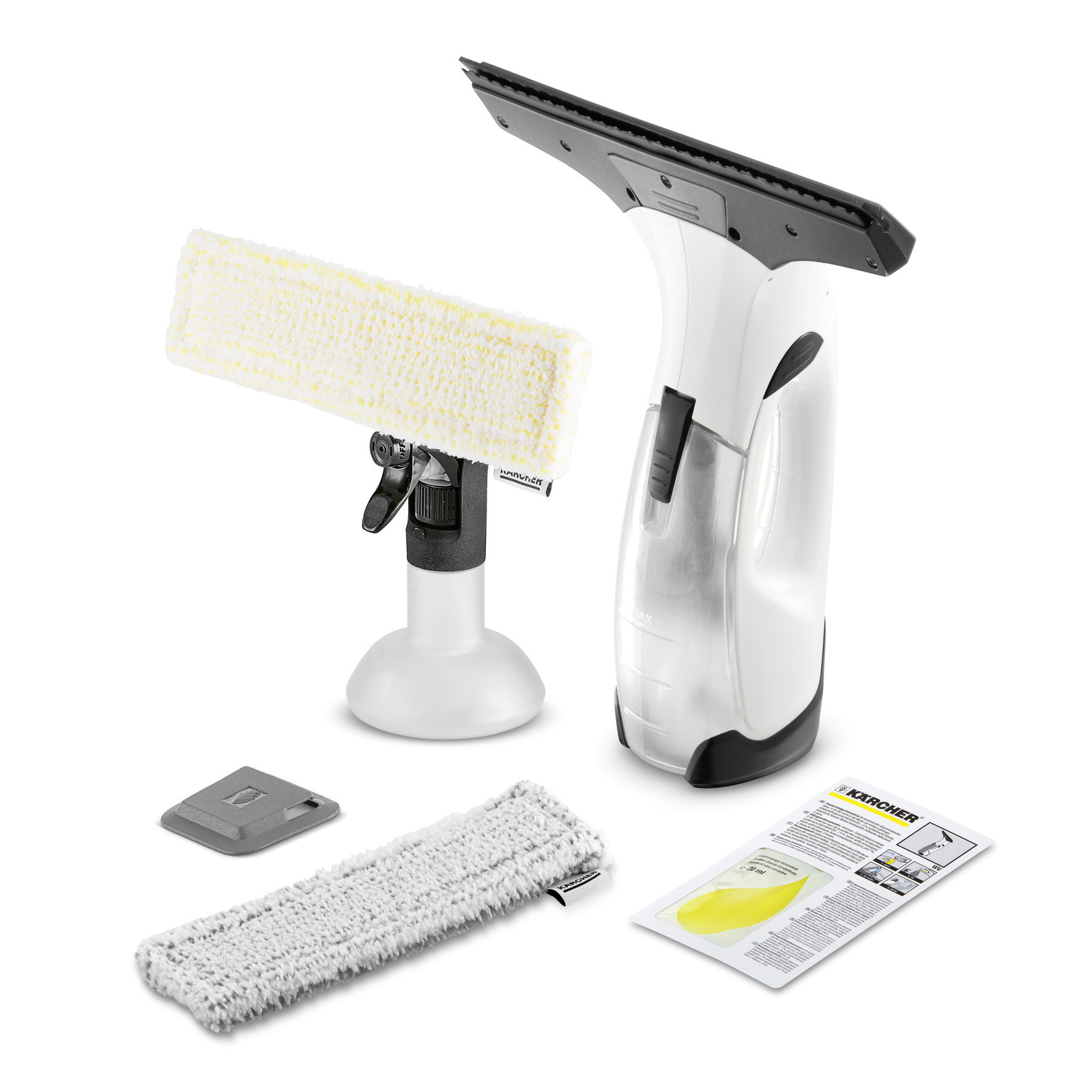 Kärcher window vac set with spray bottle, cleaning pad, and instruction leaflet on a white background. Kärcher window vac set with spray bottle, cleaning pad, and instruction leaflet on a white background.