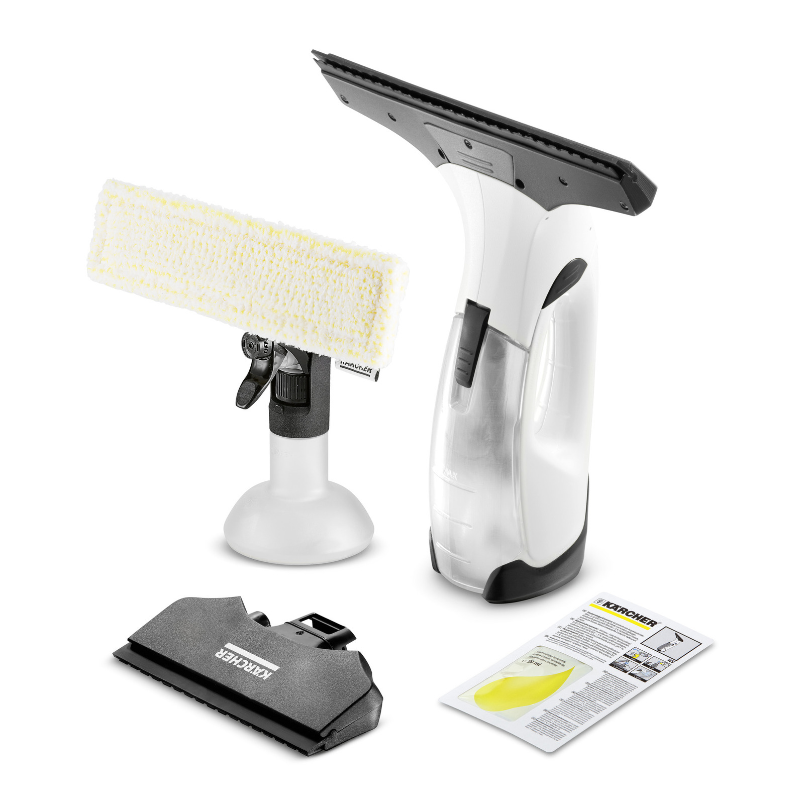 Kärcher window vac set with spray bottle, microfiber cloth, and instruction manual on a white background. Kärcher window vac set with spray bottle, microfiber cloth, and instruction manual on a white background.