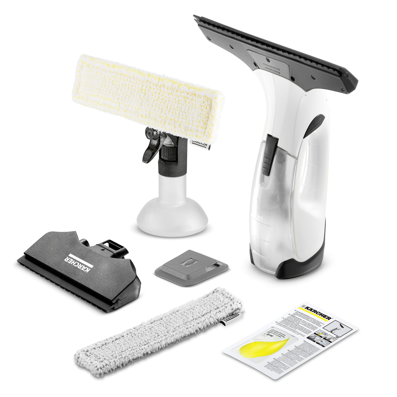 Set de curățare ferestre Kärcher, include aspirator de geamuri, pulverizator, lavete și accesorii.