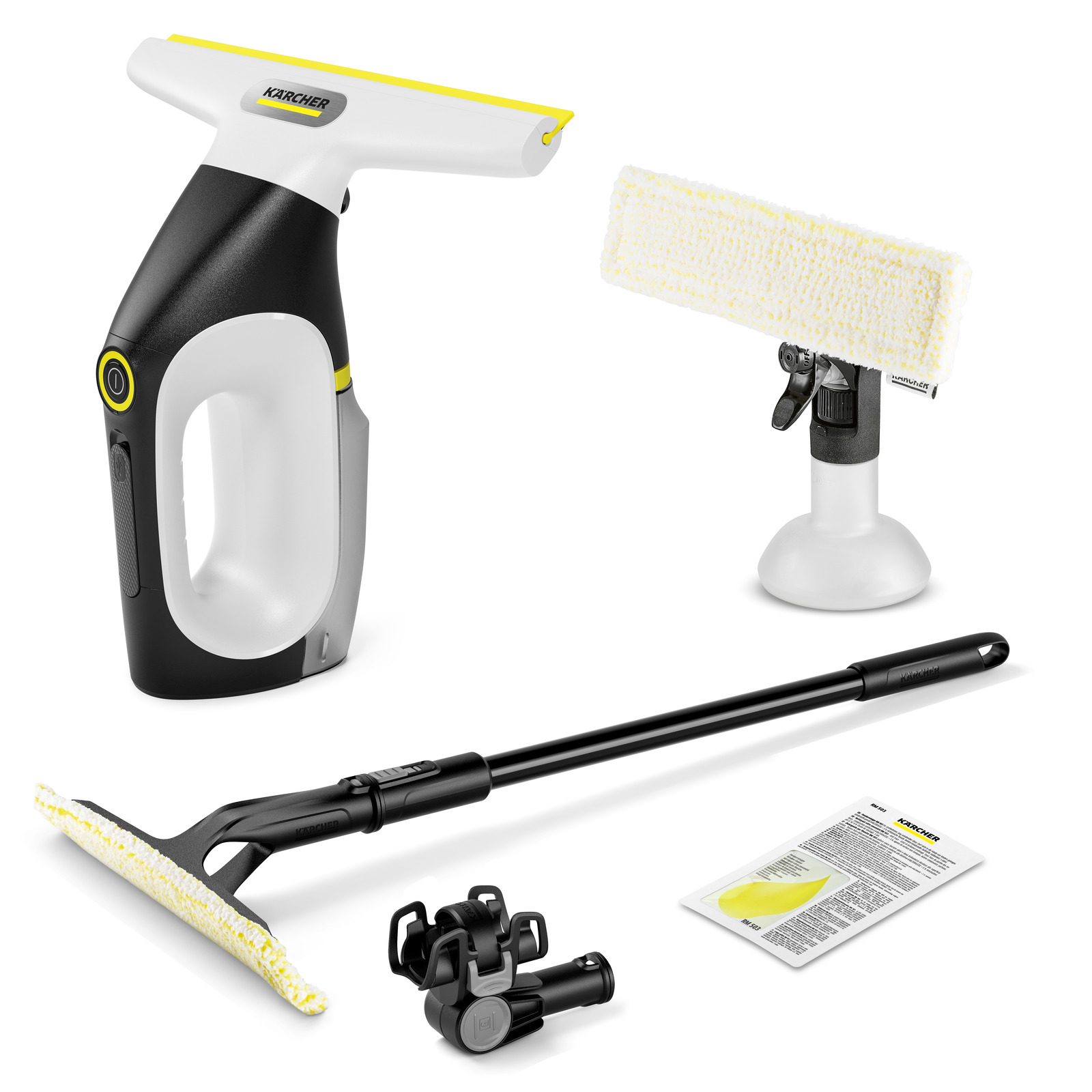 Kärcher window vac set with extension pole, spray bottle, cleaning pad, and accessories on a white background.