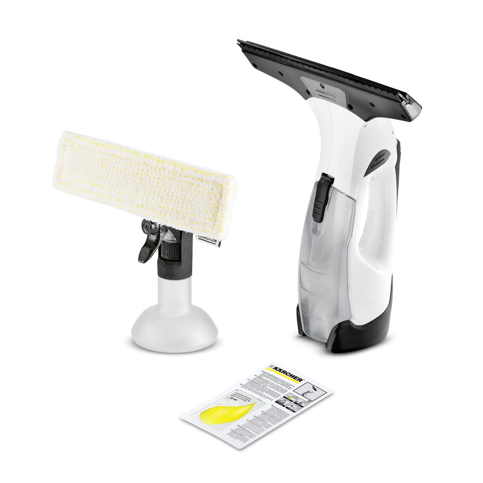 Kärcher window vac set with spray bottle, cleaning pad, and instruction leaflet on a white background. Kärcher window vac set with spray bottle, cleaning pad, and instruction leaflet on a white background.