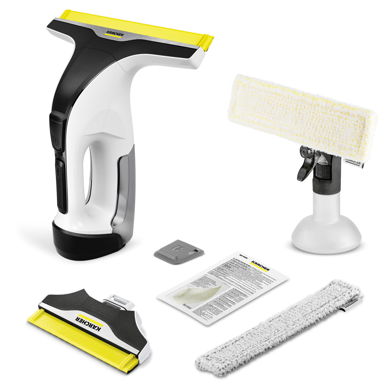 Kärcher window vac set with accessories, including a spray bottle, microfiber cloth, and instruction manual, on a white background.