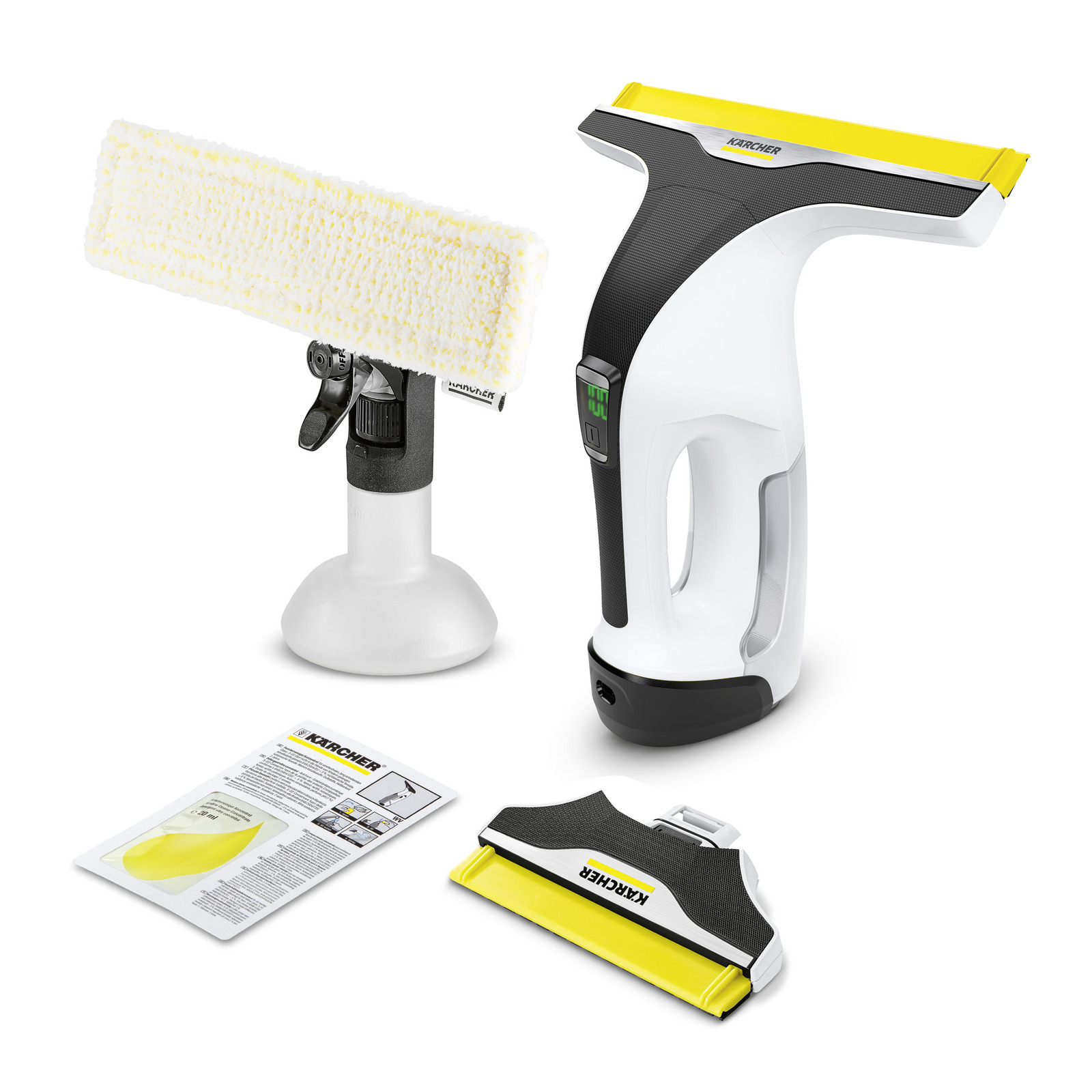 Kärcher window vac set with spray bottle, cleaning pad, and instruction leaflet on a white background.