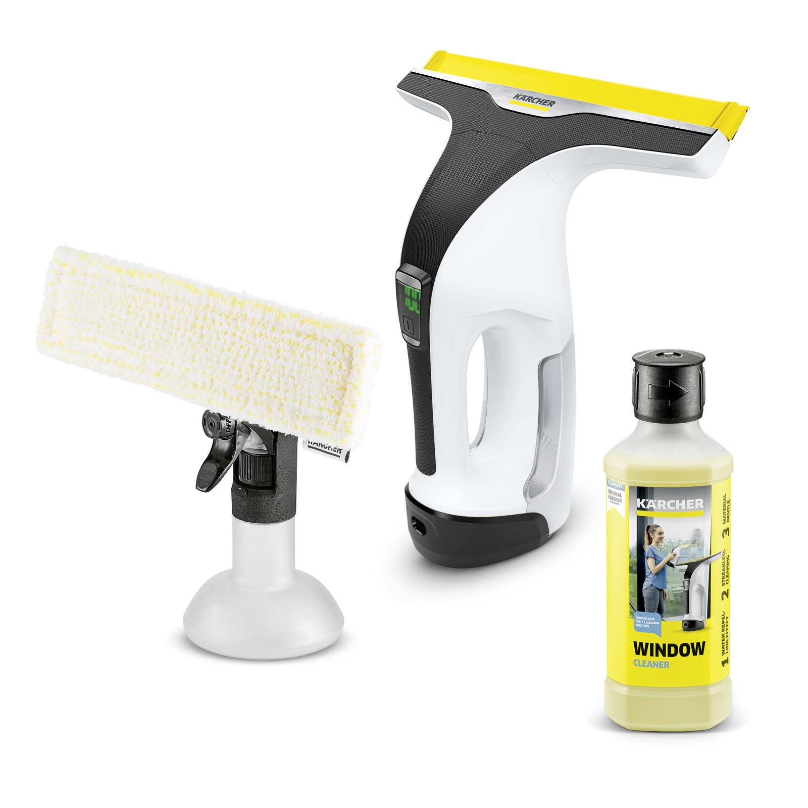 Kärcher window vac, spray bottle with microfibre pad, and window cleaner solution bottle on white background.