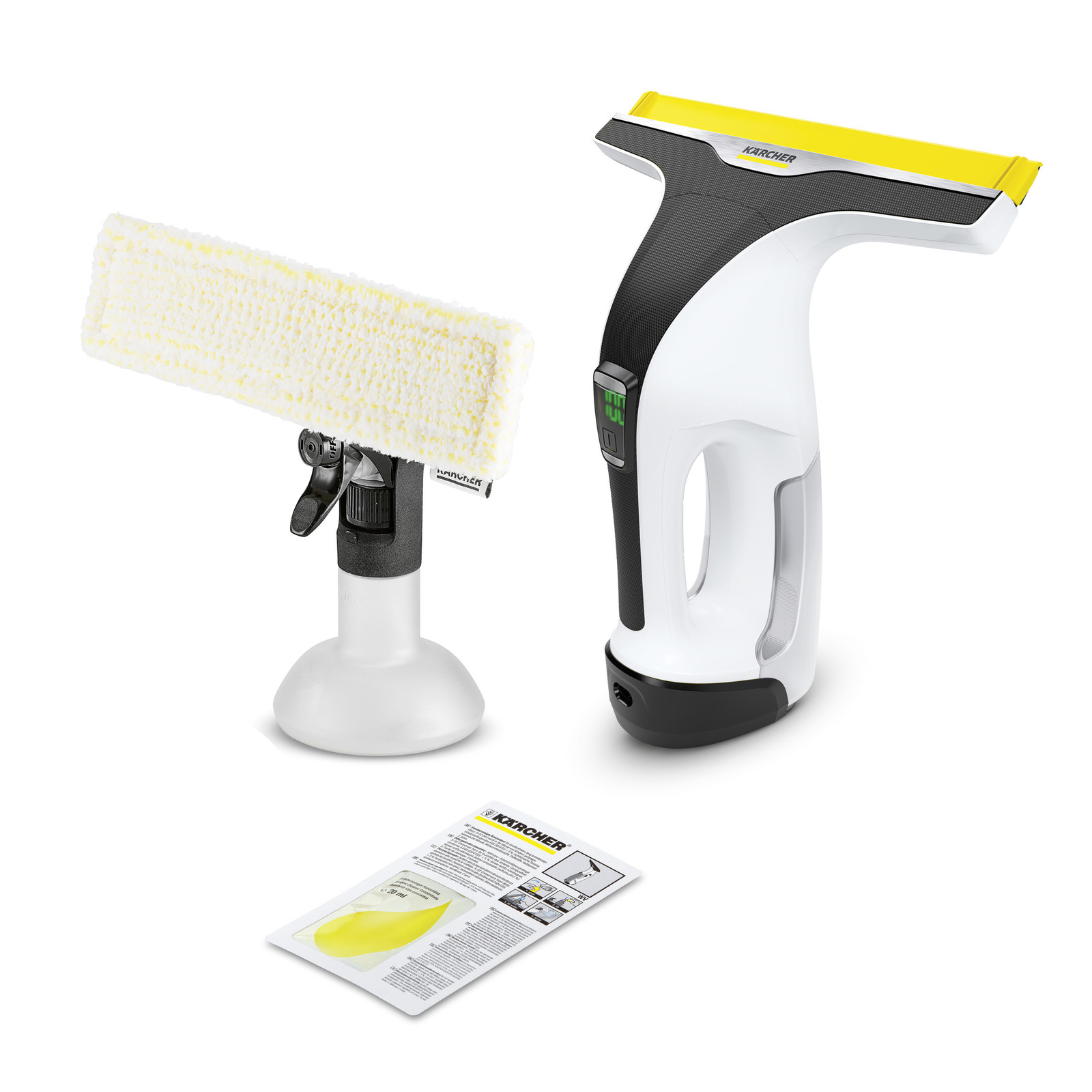 Kärcher window vac set with a spray bottle, microfibre cloth attachment, and instruction leaflet on a white background. Kärcher window vac set with a spray bottle, microfibre cloth attachment, and instruction leaflet on a white background.