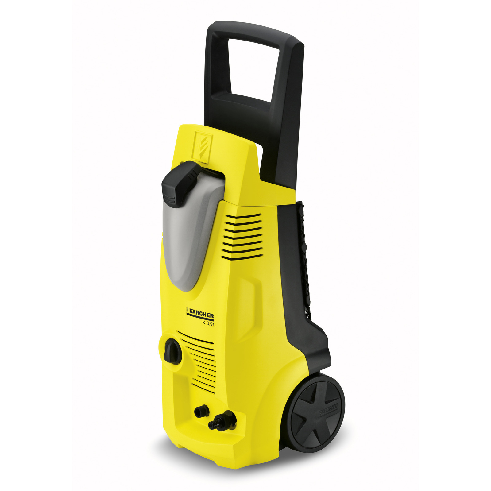 Yellow Kärcher K 3.91 high-pressure cleaner with black handle and wheels, standing upright on a white background.