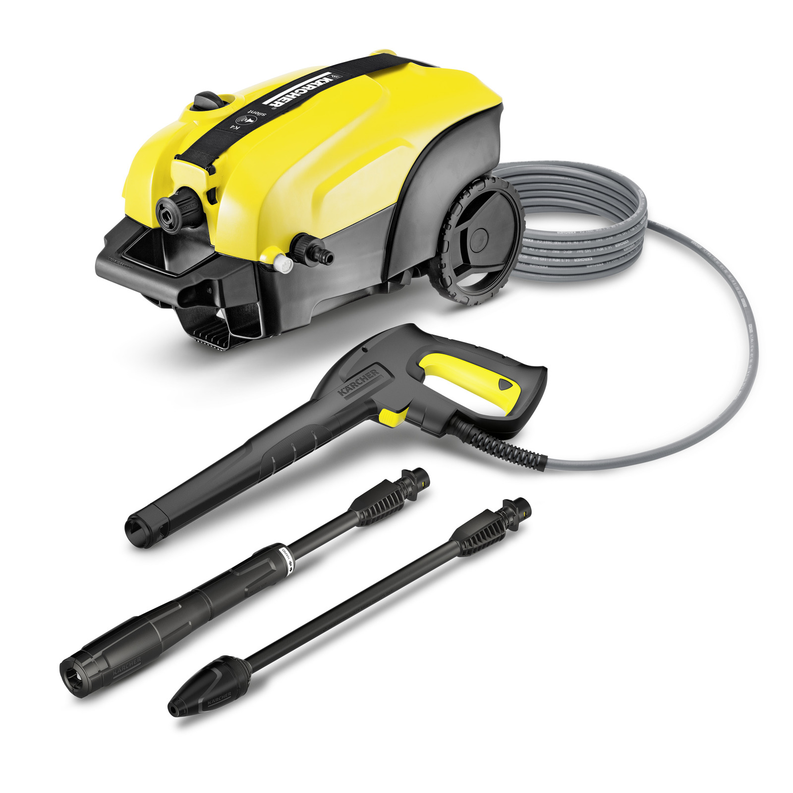 Kärcher high-pressure cleaner with yellow body, black handle, two nozzles, and coiled hose. Kärcher high-pressure cleaner with yellow body, black handle, two nozzles, and coiled hose.