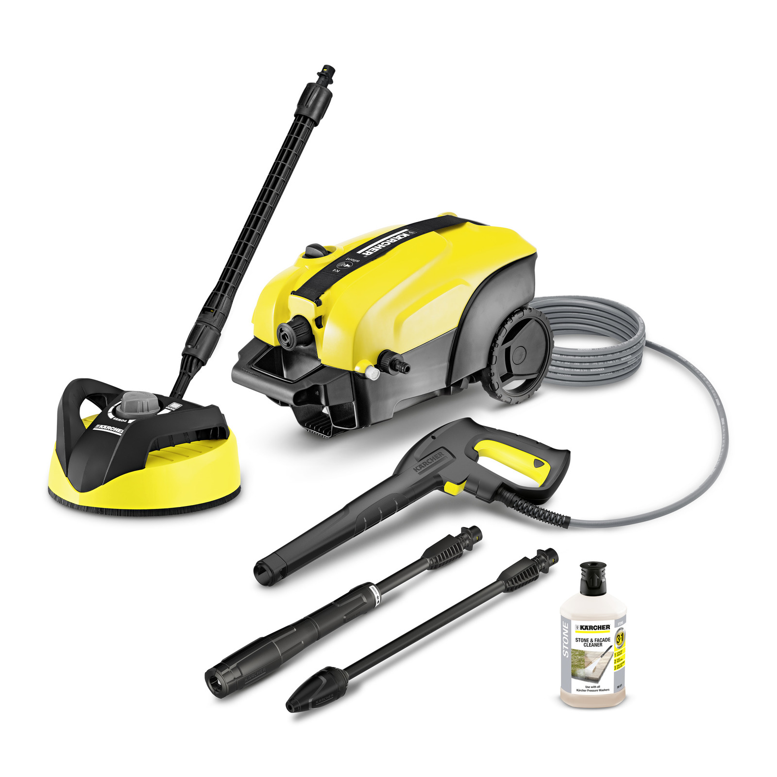 Aspirator Kärcher cu accesorii: lance, pistol, furtun și detergent pentru curățare. Design galben-negru.