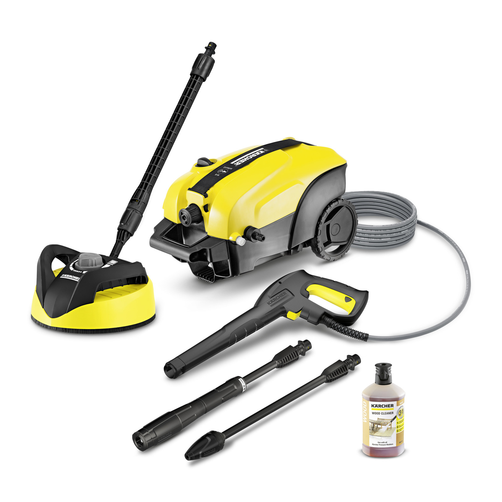 Kärcher hogedrukreiniger met accessoires, waaronder een spuitpistool, lans, terrasreiniger en fles houtreiniger. Kärcher hogedrukreiniger met accessoires, waaronder een spuitpistool, lans, terrasreiniger en fles houtreiniger.