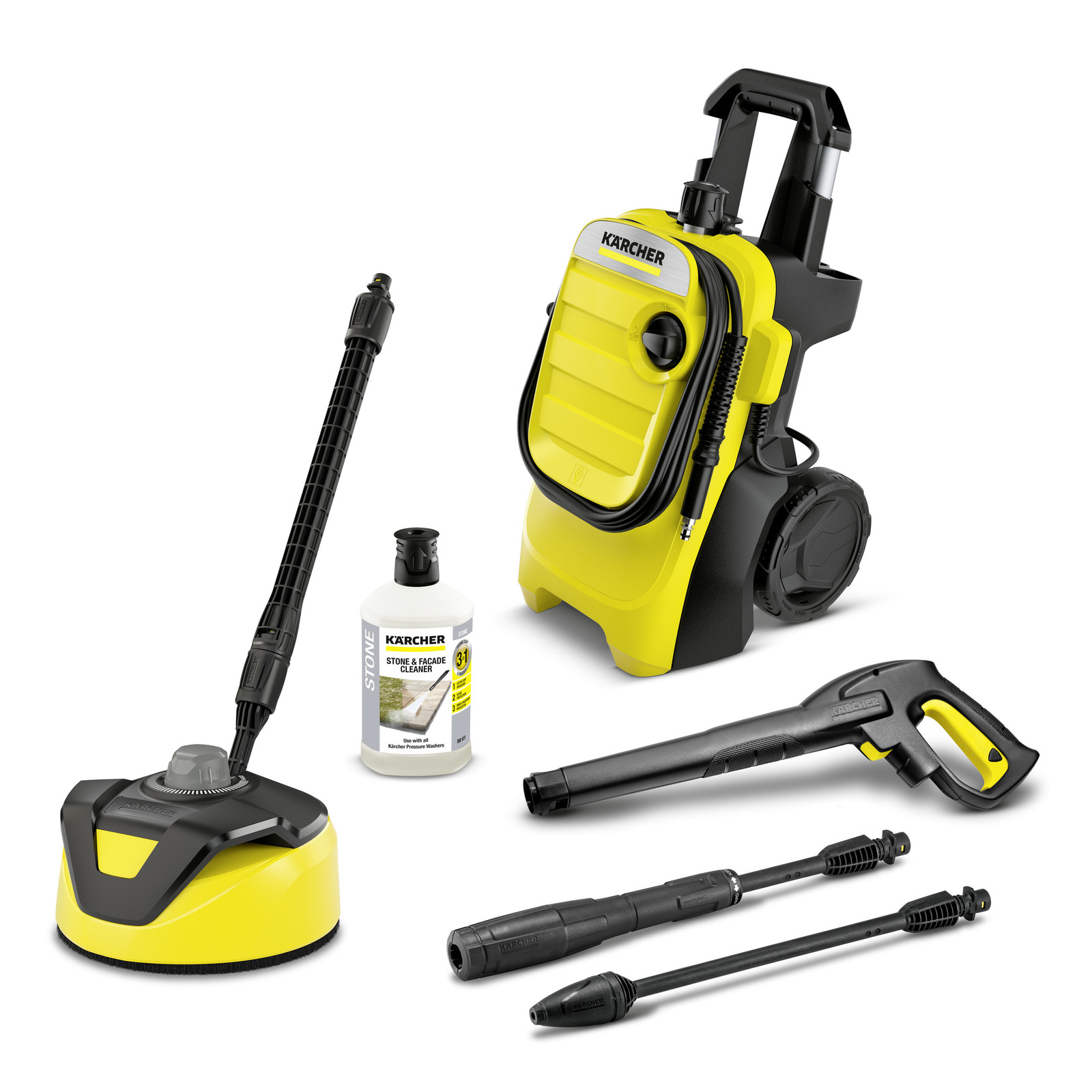 Aspirator Kärcher cu accesorii: lance, pistol, detergent și perie rotativă, toate pe fundal alb.