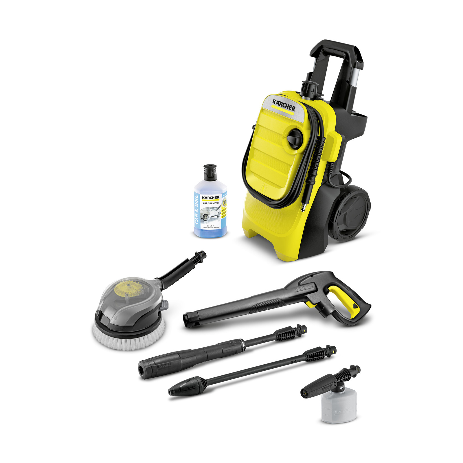 Kärcher high-pressure cleaner with accessories including a brush, spray gun, extension wands, and car shampoo bottle. Kärcher high-pressure cleaner with accessories including a brush, spray gun, extension wands, and car shampoo bottle.