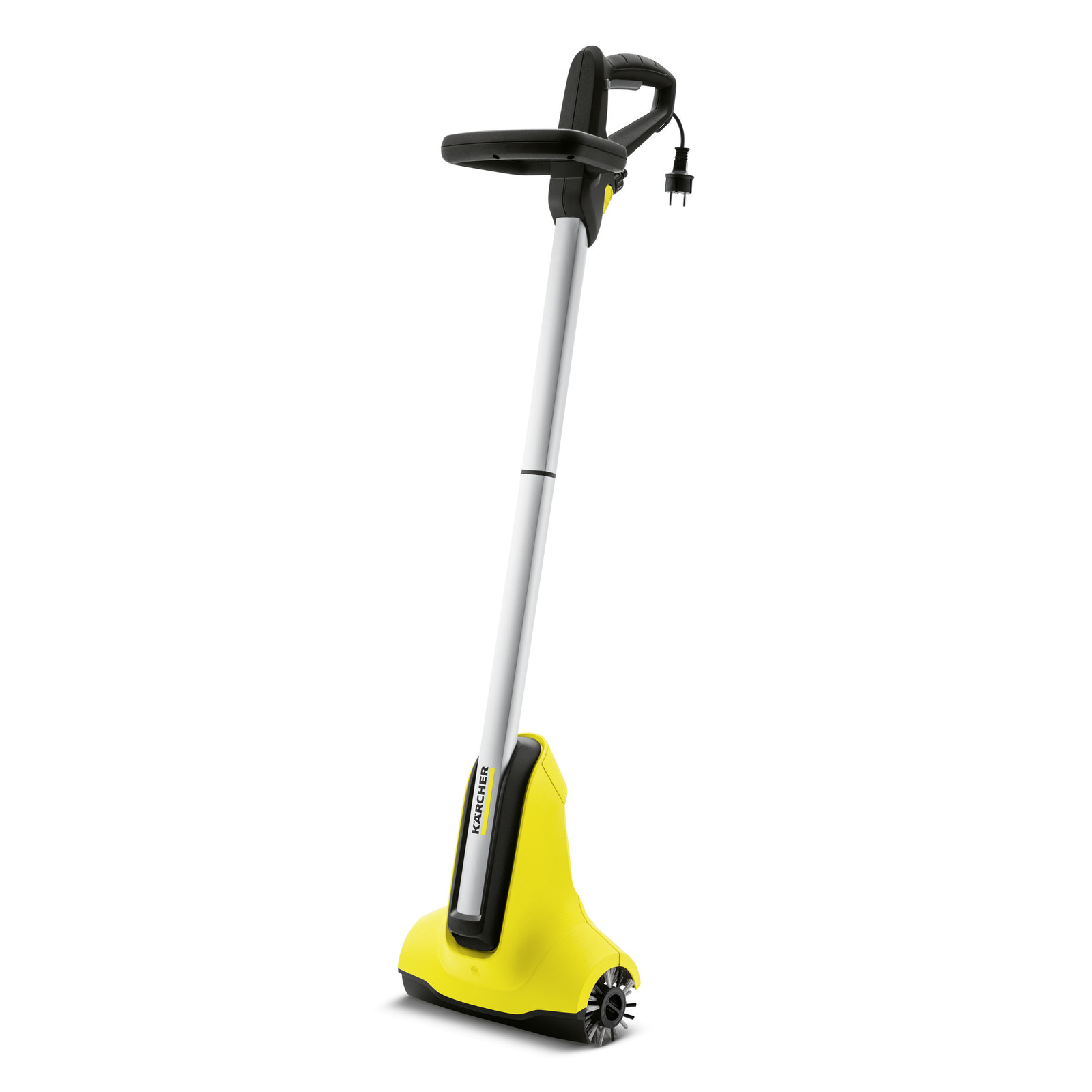 Kärcher electric weed remover with a long handle, yellow base, and visible power cord plug.