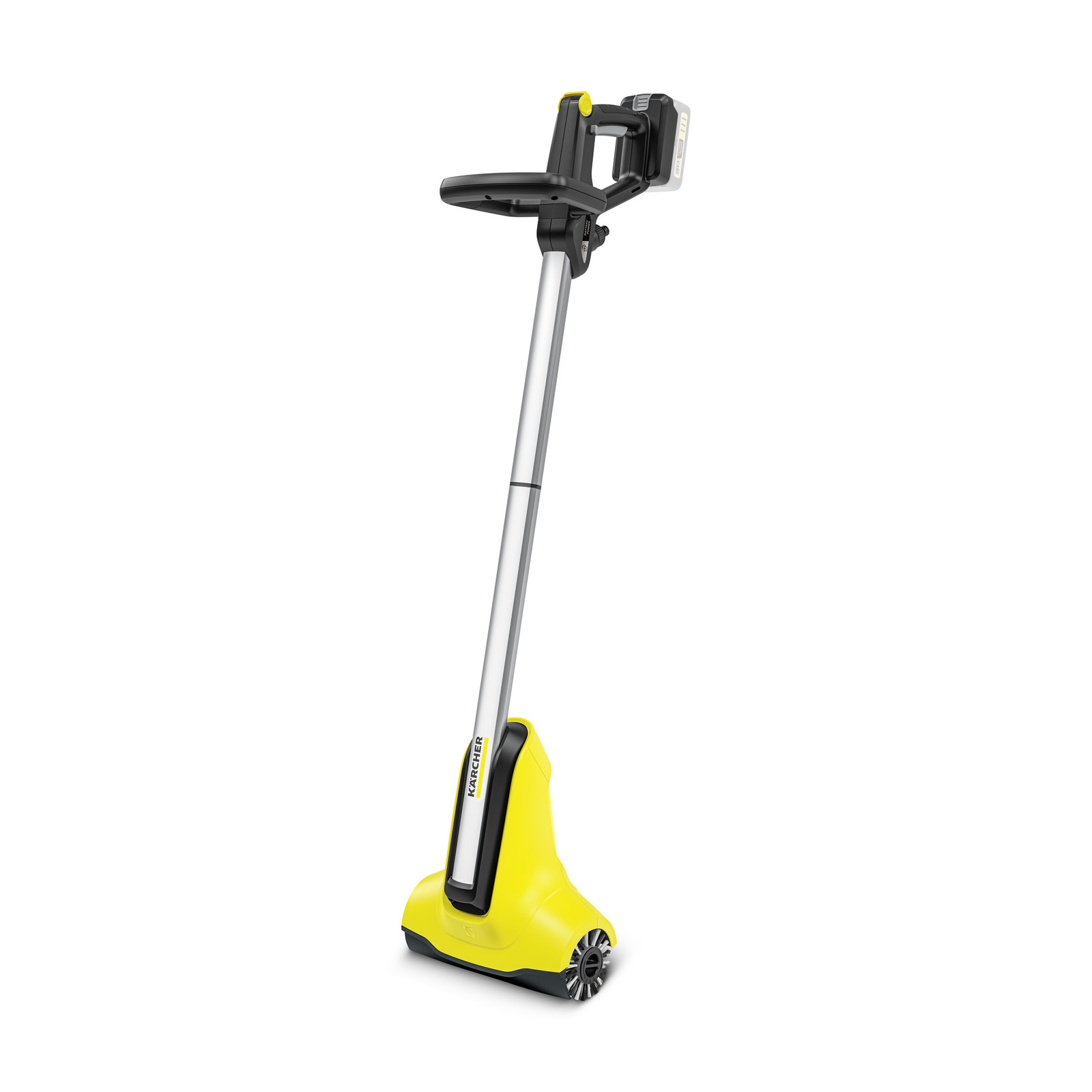 Aspirator vertical Kärcher, galben, cu mâner lung și perie rotativă la bază, pe fundal alb. Aspirator vertical Kärcher, galben, cu mâner lung și perie rotativă la bază, pe fundal alb.