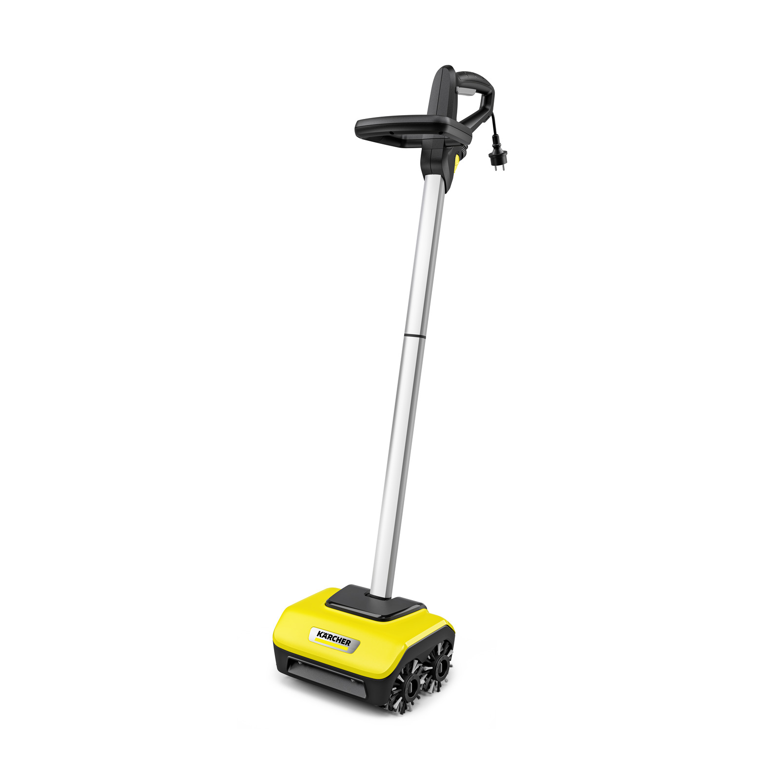 Kärcher electric weed remover with a long handle, yellow body, and black wheels, standing upright against a white background.