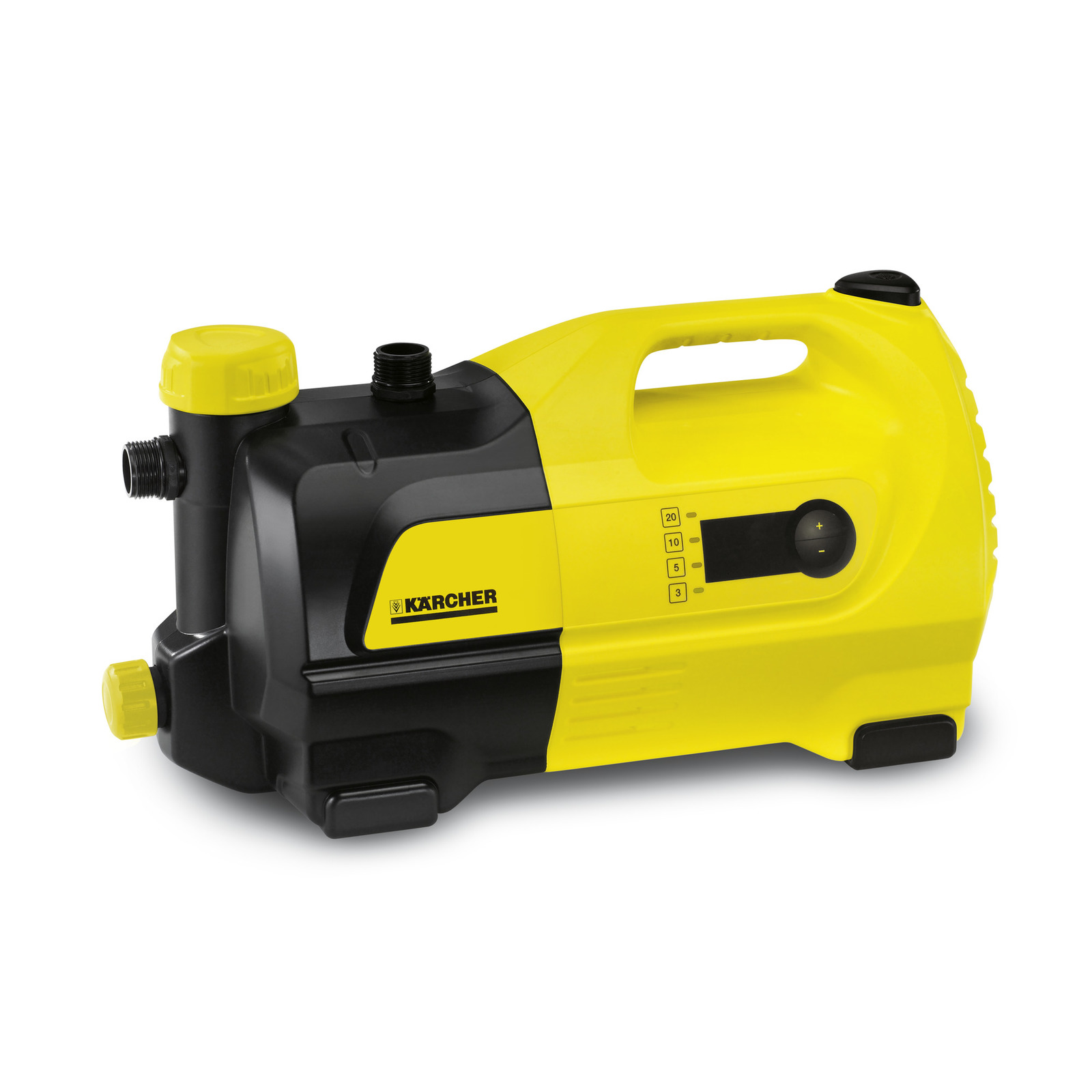 Yellow and black Kärcher garden pump with adjustable settings and multiple connection points.