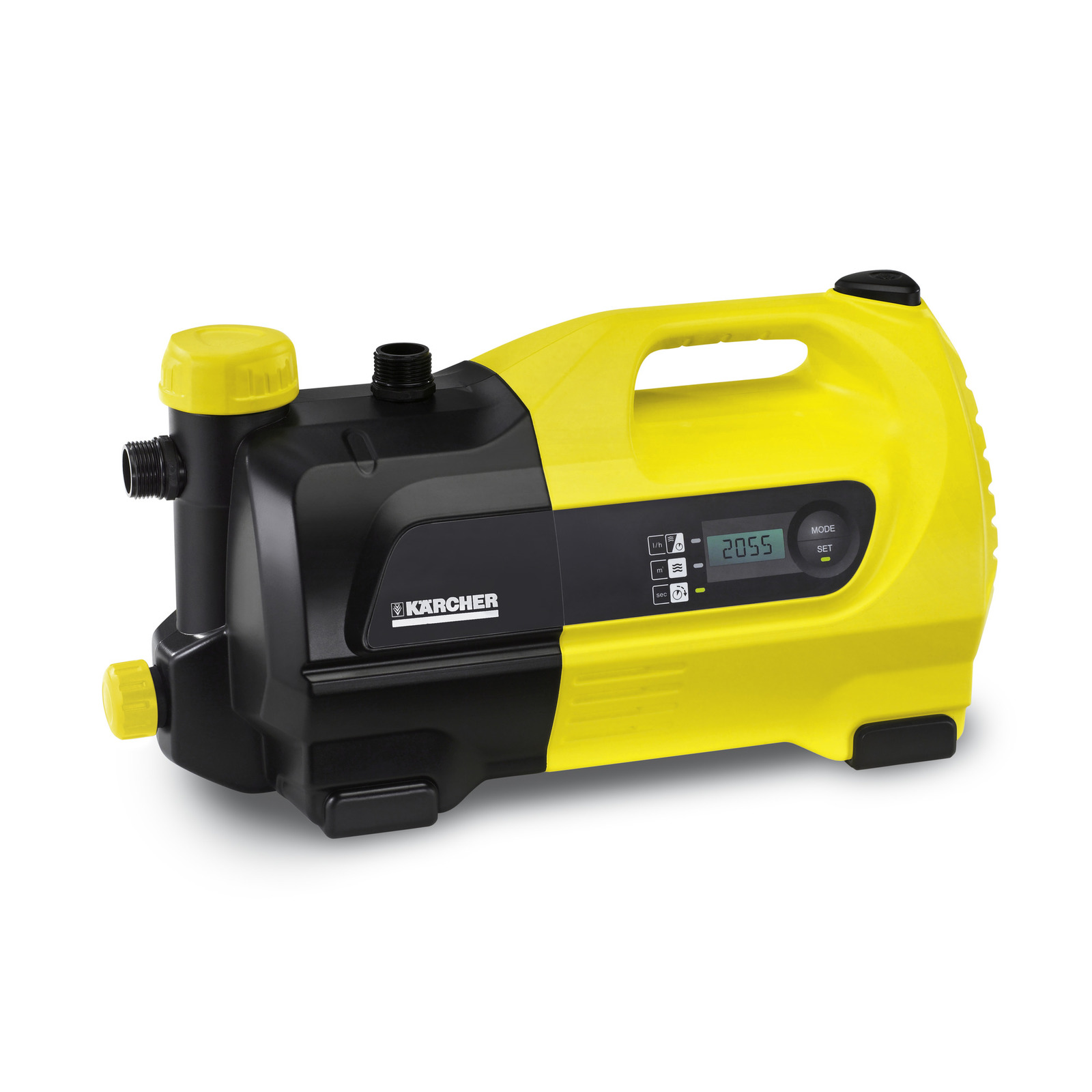 Kärcher garden pump with yellow and black casing, digital display showing 2055, and multiple connection points.