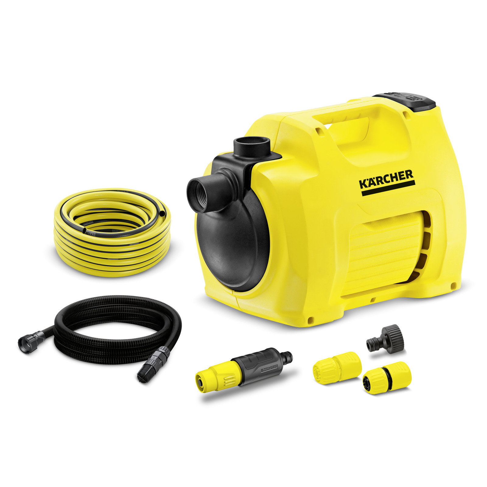 Yellow Kärcher garden pump with hoses and connectors on a white background.