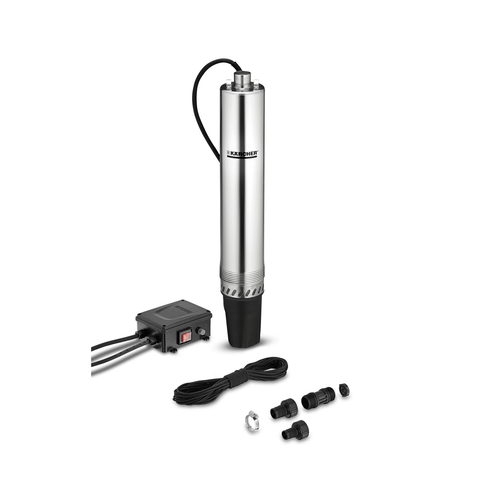 Pompa submersibilă Kärcher din inox, cu cablu, unitate de control și accesorii de conectare pe fundal alb. Pompa submersibilă Kärcher din inox, cu cablu, unitate de control și accesorii de conectare pe fundal alb.