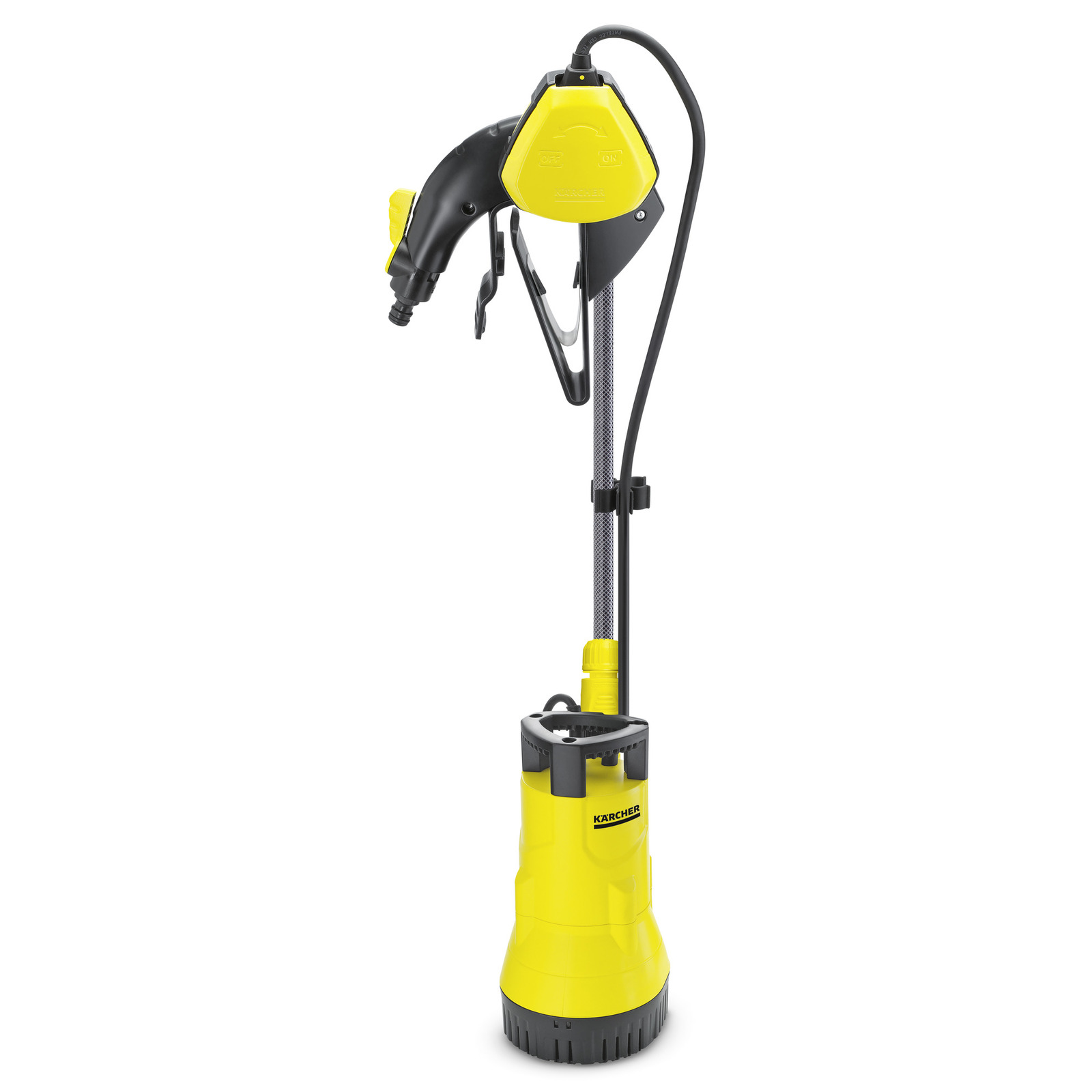 Kärcher submersible pump with a yellow and black design, featuring a handle and hose attachment.