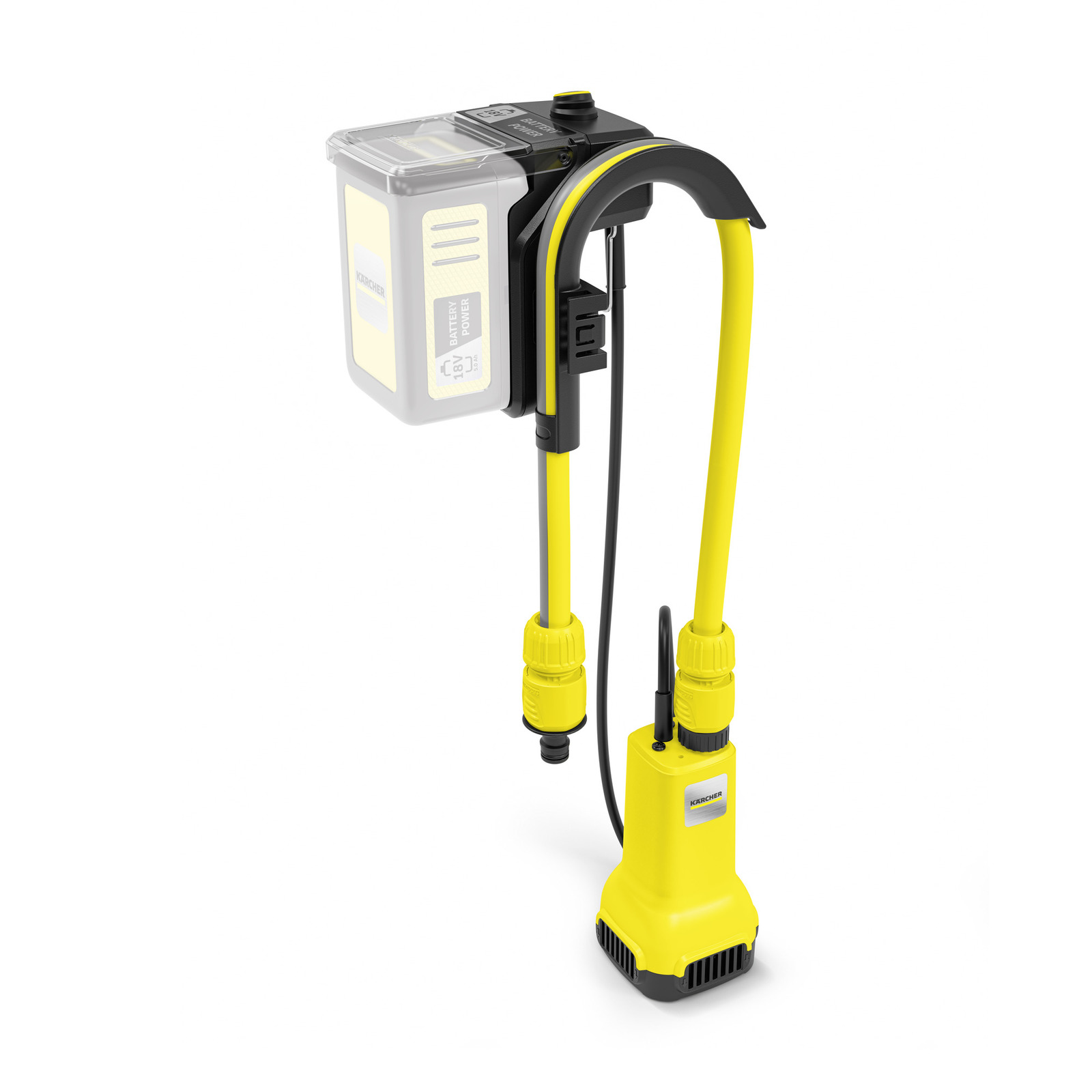 Kärcher yellow submersible pump with attached hose and battery compartment, isolated on a white background. Kärcher yellow submersible pump with attached hose and battery compartment, isolated on a white background.